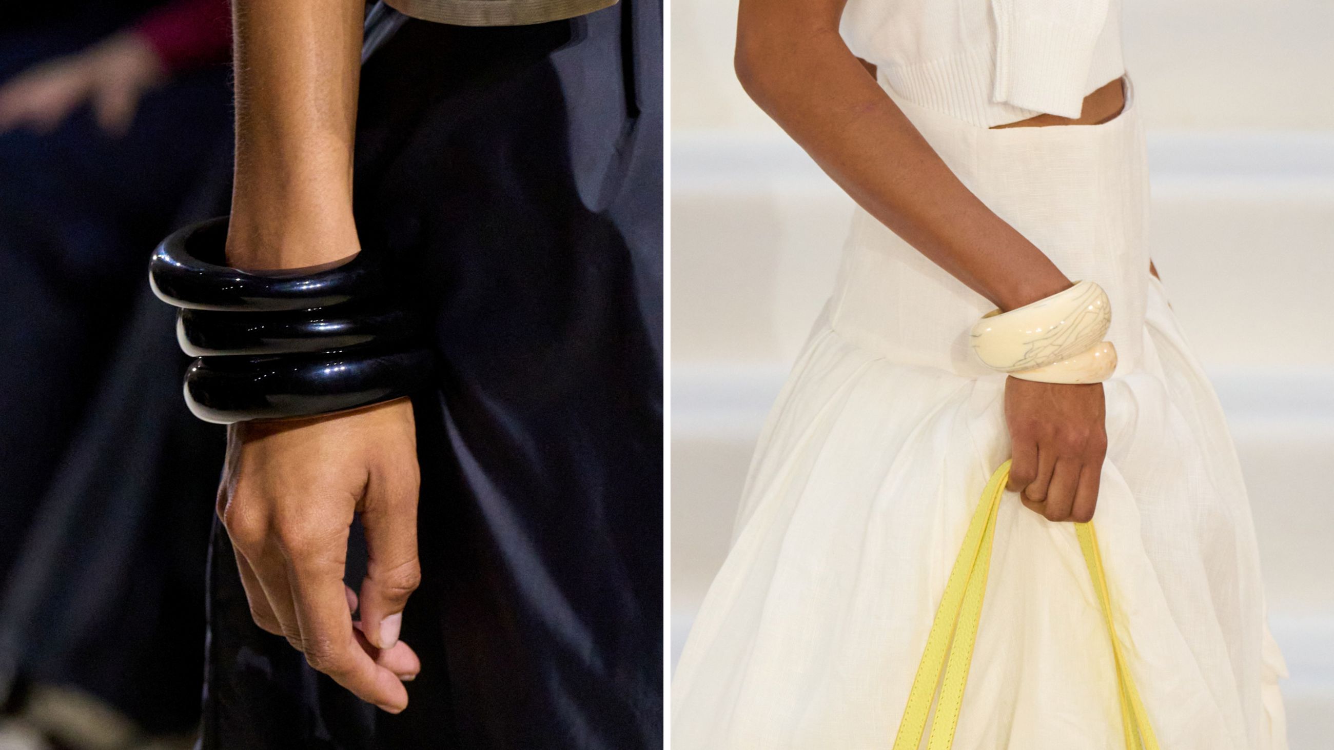 Le collezioni dei grandi designer puntano sulle tonalità passe-partout anche quando si parla di accessori, come nel caso dei bracciali arrotondati delle proposte per la PE26. Da sinistra, proposte di Emporio Armani e Paul Costelloe - Credits: Launchmetrics.com/Spotlight