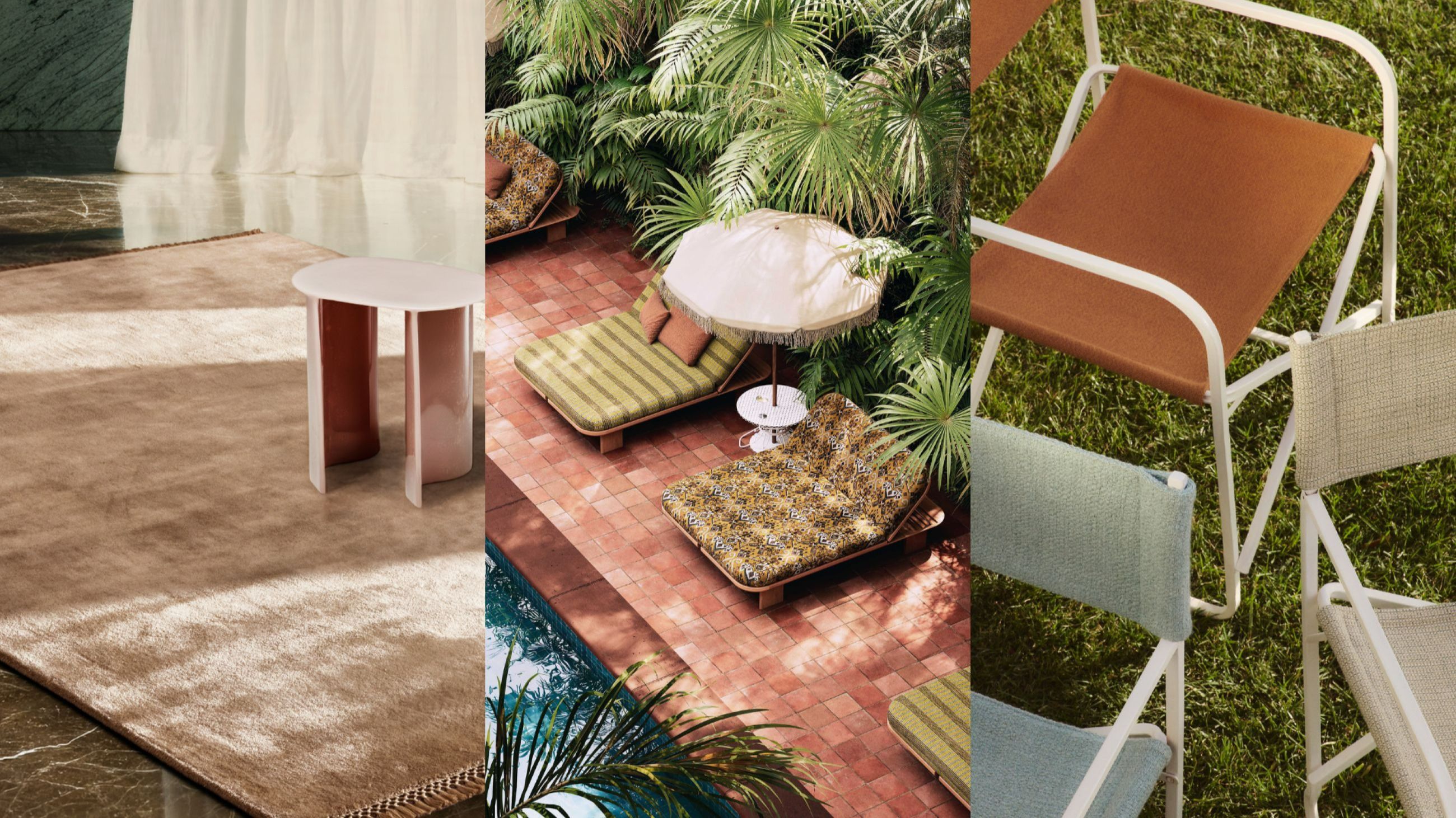 Da sinistra: I nuovi tappeti Loux by Kvadrat Residential - Courtesy Kvadrat ; Dai jacquard ispirati ai viaggi ai tessuti indoor/outdoor riscaldati dal sole, le nuove proposte per il 2026 firmate Lelièvre - Courtesy Lelièvre; Luce, la nuova collezione tessile di Rubelli sviluppata sotto la direzione creativa di formafantasma - Courtesy Claudia Zalla 