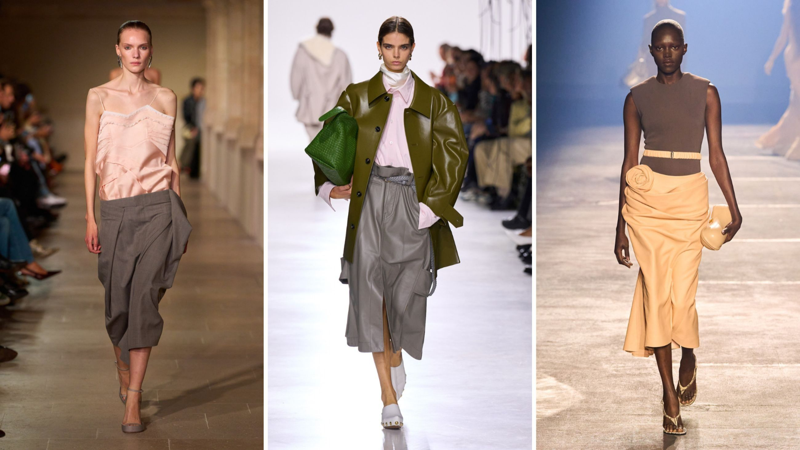 Da sinistra: Victoria Beckham SS26; Bottega Veneta SS26; Mugler SS26 - Credits Launchmetrics.com/Spotlight 
