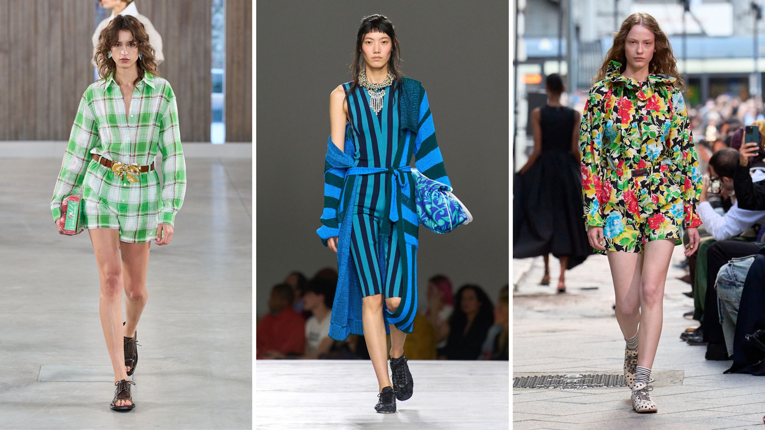 Dalle passerelle PE26: da sinistra Moschino; Dries Van Noten; MSGM- Credits: Launchmetrics.com/Spotlight