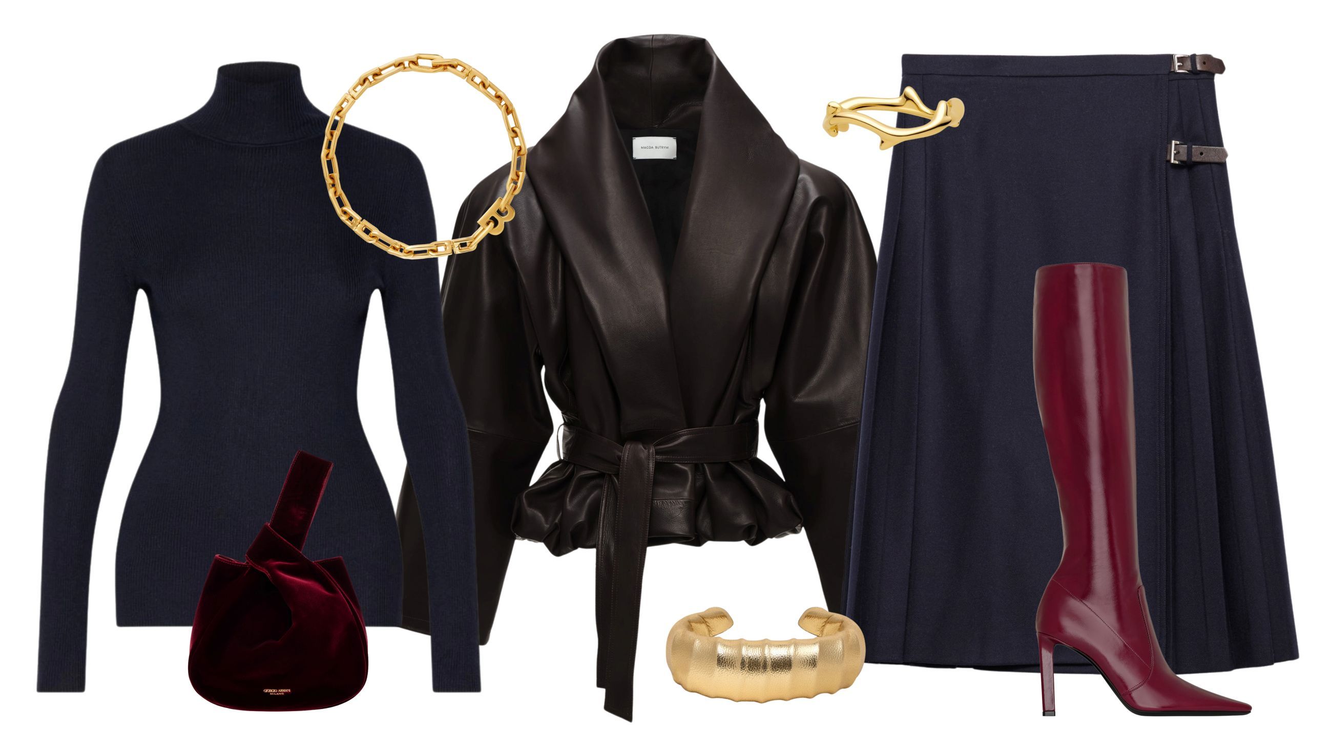 Giacca in pelle Magda Butrym, dolcevita Marella, gonna Prada, stivali Saint Laurent, borsa Giorgio Armani, collana Balenciaga, bracciale So-le Studio, anello Christian Dior