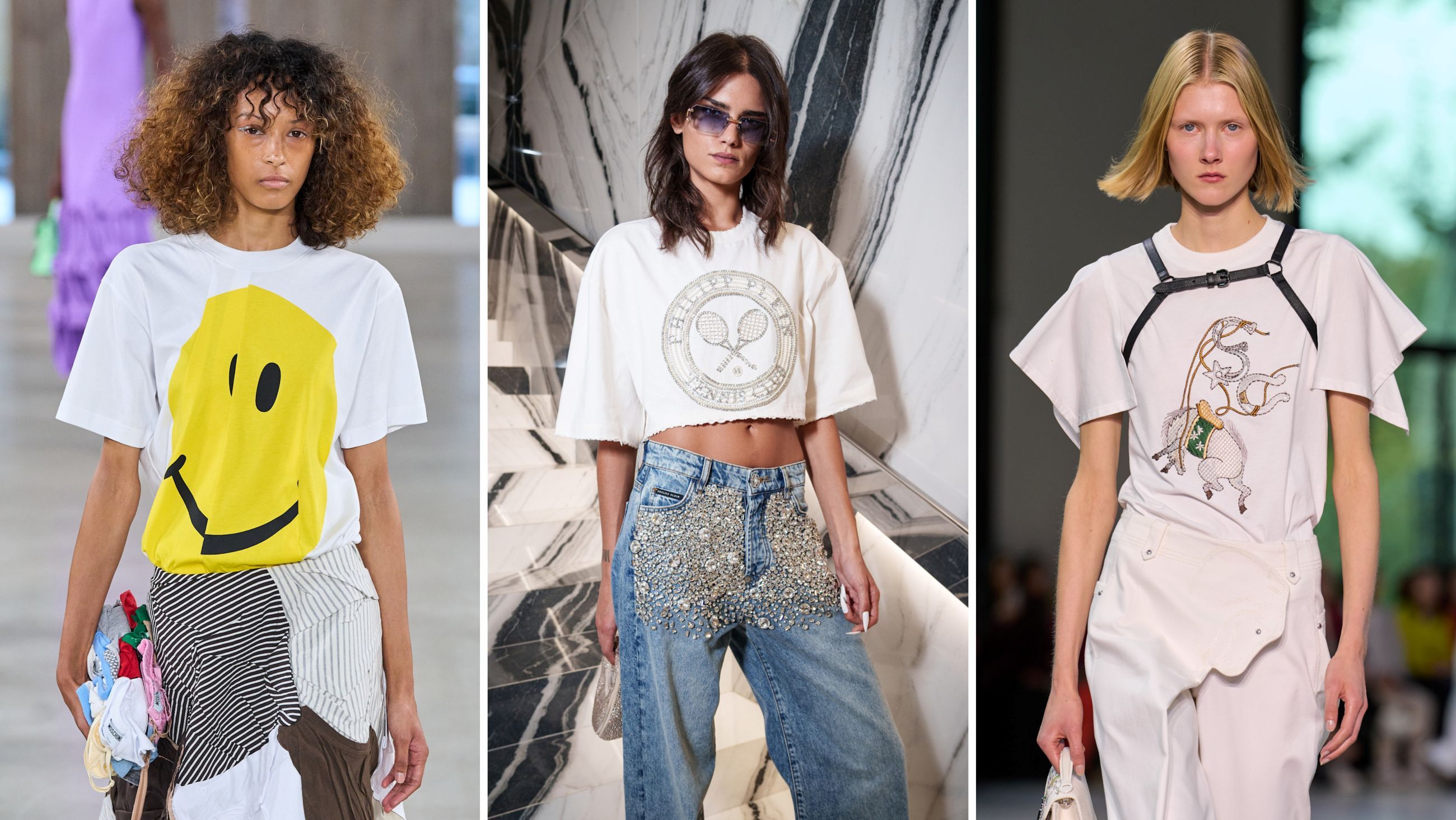 Collezioni PE26: da sinistra, look di Moschino, Philipp Plein e Shiatzy Chen - Credits: Launchmetrics.com/Spotlight