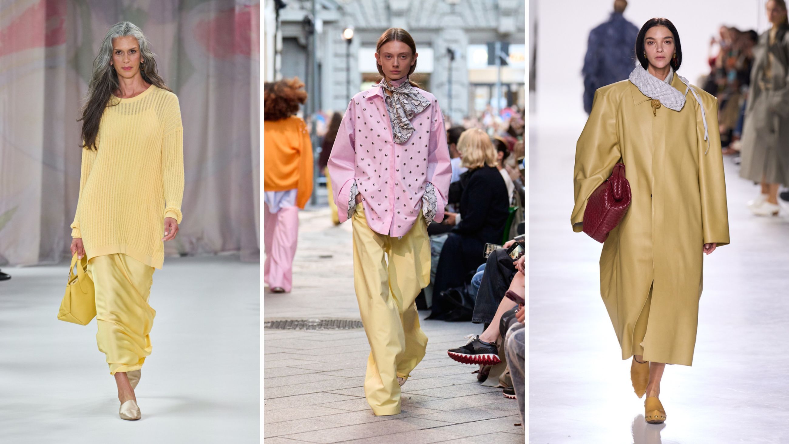 Da sinistra: Laura Biagiotti; MSGM; Bottega Veneta SS26 - Credits Launchmetrics.com/Spotlight