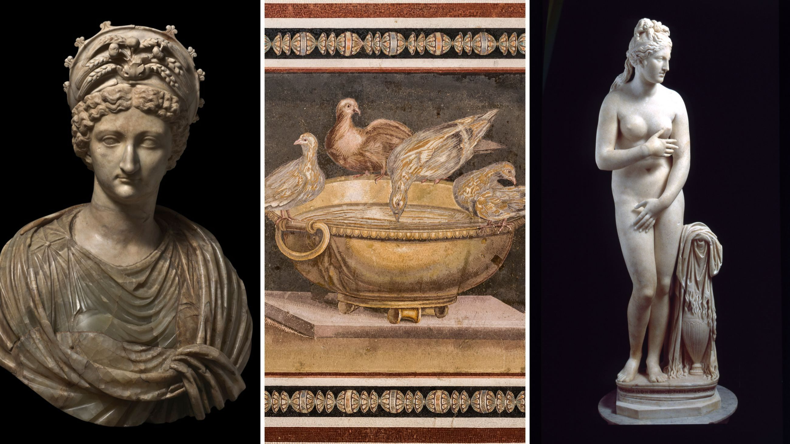 Livia come Cerere 14-37 d.C., statua in marmo, S 444; dettaglio del Mosaico delle Colombe, da Villa Adriana, Tivoli (1737), fine I secolo a.C., Inv. S 402; Venere Capitolina, statua in marmo, Met. del II secolo d.C., Inv. S 409 - Musei Capitolini, Palazzo Nuovo, Roma – Credits: Sovrintendenza Capitolina ai Beni Culturali