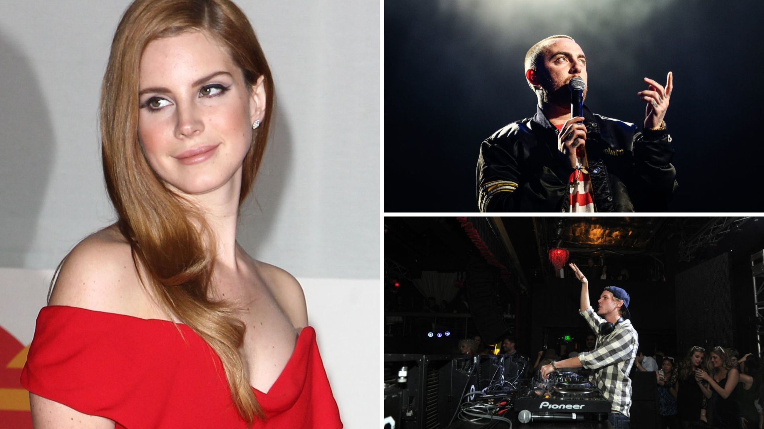 Lana Del Rey partecipa ai Brit Awards 2012 alla O2 Arena il 21 febbraio 2012 a Londra, Inghilterra; Mac Miller si esibisce sul Camp Stage durante il primo giorno del Camp Flog Gnaw Carnival il 28 ottobre 2017 all’Exposition Park a Los Angeles, California; Avicii si esibisce al Wynn Las Vegas @ Park City Live durante il Sundance Film Festival 2013 il 19 gennaio 2013 a Park City, Utah - Credits: Getty Images
