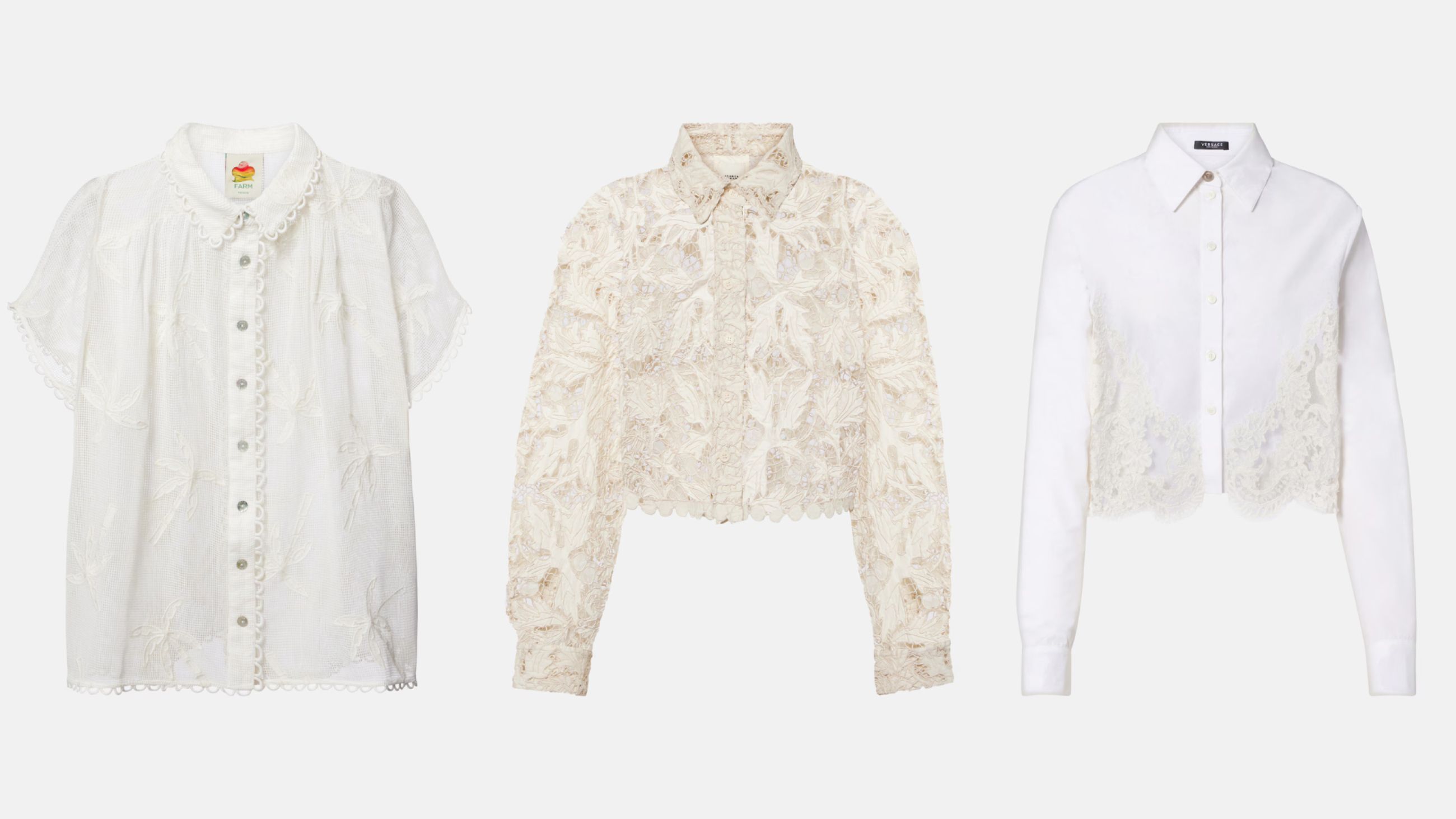 Da sinistra: camicia Farm Rio; camicia Isabel Marant; camicia Versace - Courtesy Press Office