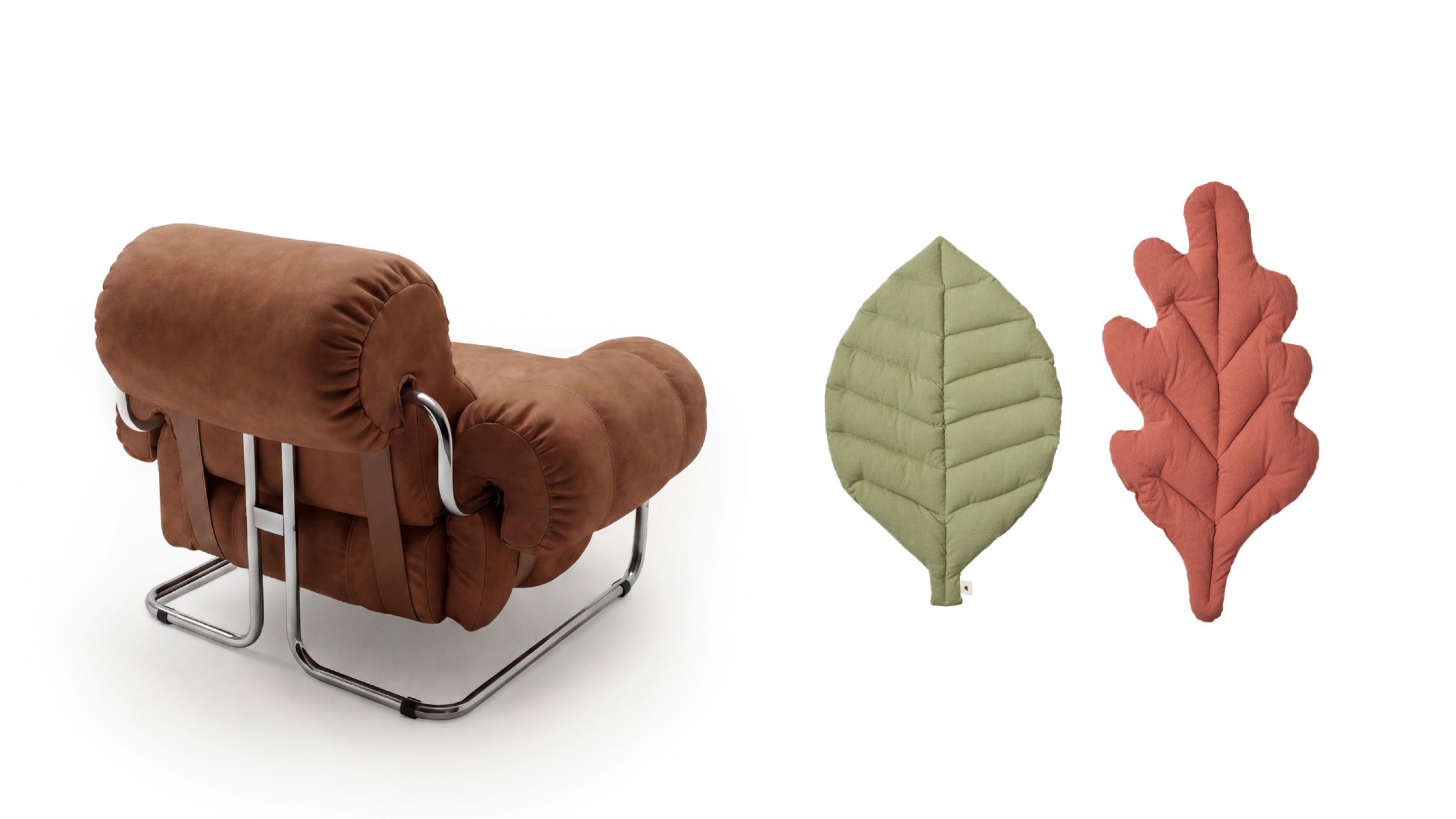 Da sinistra: Tucroma de I 4 Mariani, design Guido Faleschini ha il rivestimento in pelle color terra bruciata in contrasto con la struttura tubolare in metallo - Courtesy I 4 Mariani; Leaf Cushions di Ferm Living sono ispirati alle foglie, per aggiungere un accento botanico al divano - Courtesy Ferm Living 