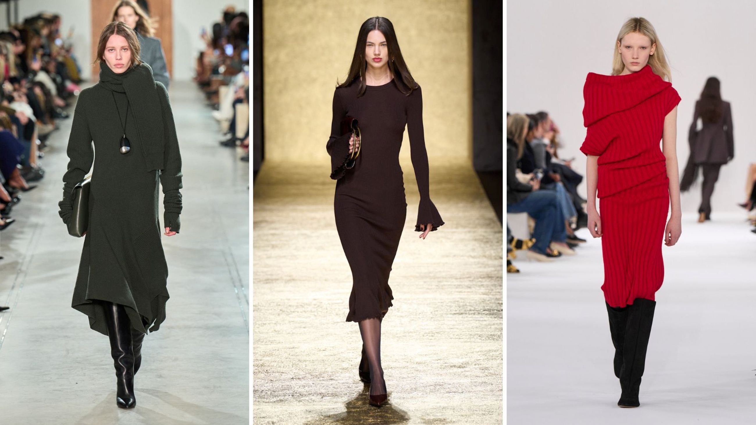 Abito rosso in maglia Sportmax, abito marrone in maglia Luisa Spagnoli, abito verde militare in maglia Michael Kors. Tutti collezioni F/W 25-26 - Credits: Launchmetrics.com/Spotlight