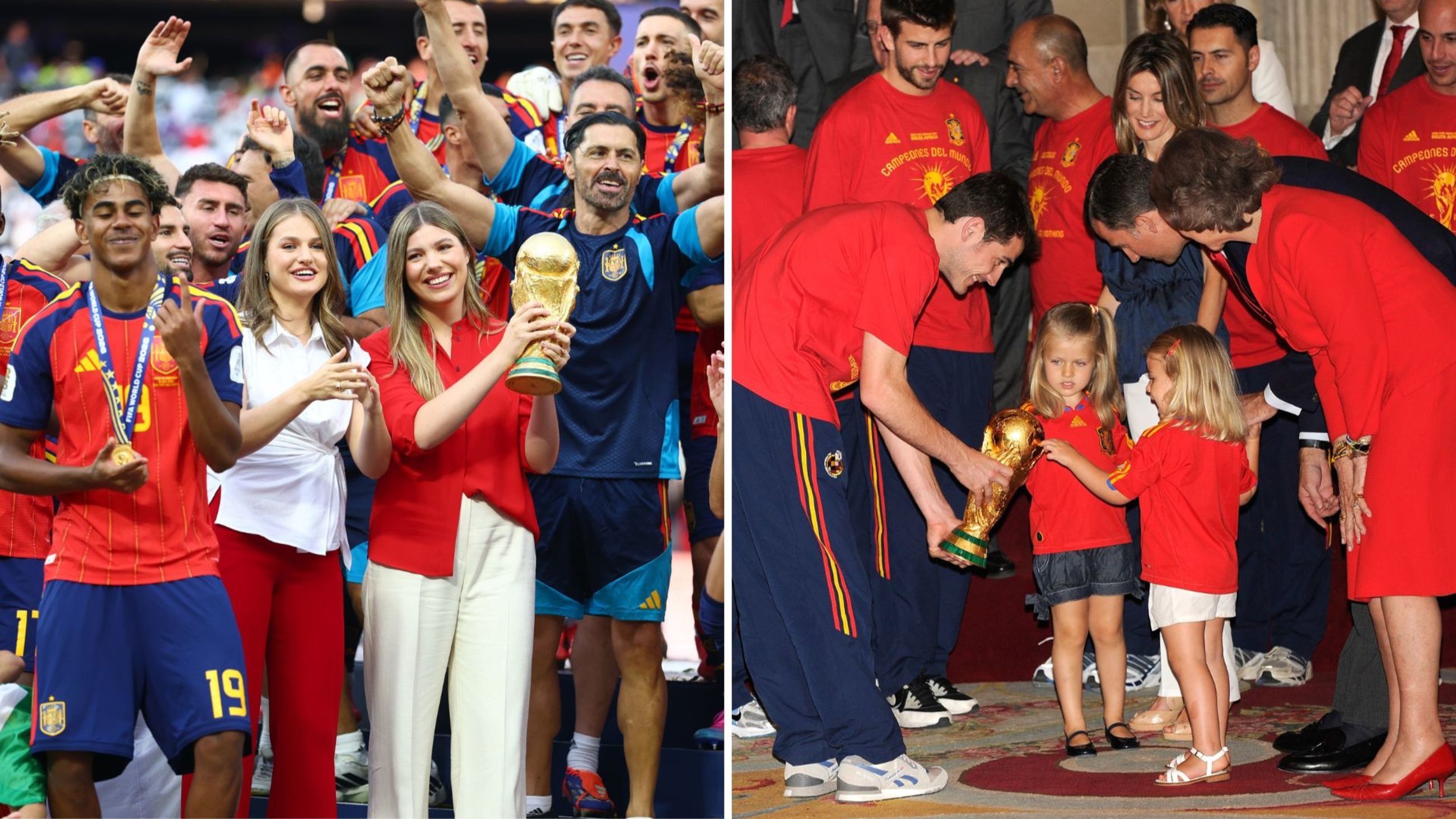  La principessa Leonor di Spagna e la principessa Sofia di Spagna tengono il Trofeo della Coppa del Mondo insieme a Lamine Yamal della Spagna e al re Felipe VI di Spagna al termine della finale della Coppa del Mondo FIFA 2026 tra Spagna e Argentina, disputata al New York New Jersey Stadium il 19 luglio 2026 a East Rutherford, negli Stati Uniti; Il portiere della Spagna Iker Casillas (a sinistra) mostra la Coppa del Mondo alle principesse Leonor e Sofia, alla presenza del principe Felipe di Spagna, della regina Sofia di Spagna e della principessa Letizia di Spagna, al Palazzo della Zarzuela, il 12 luglio 2010 a Madrid, in Spagna - Credits: Getty Images