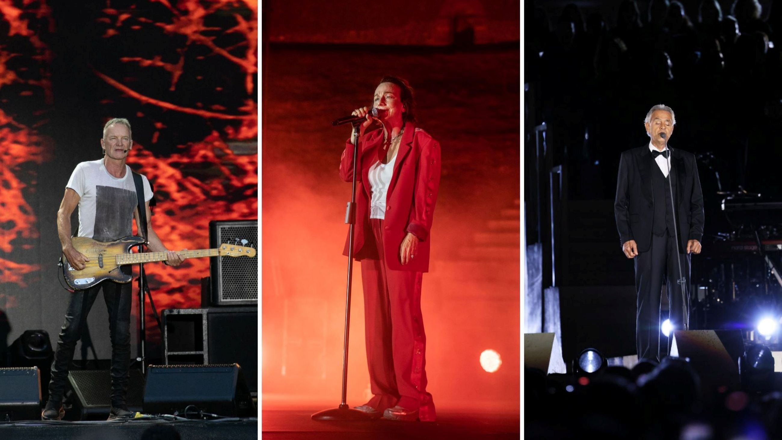 Sting si esibisce durante un concerto al Castello di Cardiff nel 2025; Gianna Nannini si esibisce all'Anfiteatro Romano del Parco Archeologico di Pompei nel 2025; Andrea Bocelli si esibisce durante l’evento "Grace For The World" in Piazza San Pietro nel 2025
Credits: Getty Images