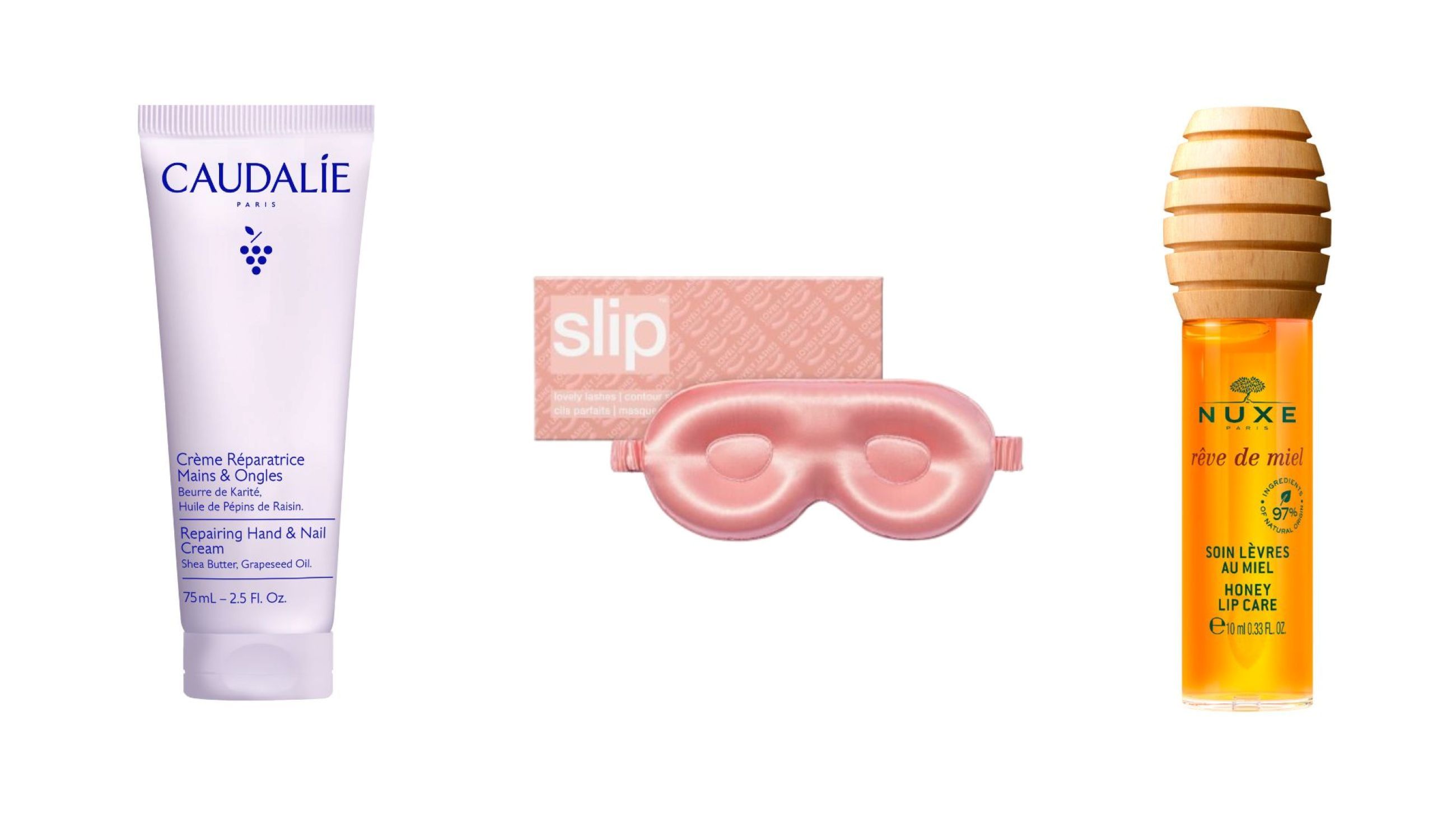 Caudalie, Crema Riparatrice Mani e Unghie Vinotherapist™; Slip, Silk Mask; Nuxe, Reve de Miel Honey Lip Care - Credits: Courtesy Press Office 