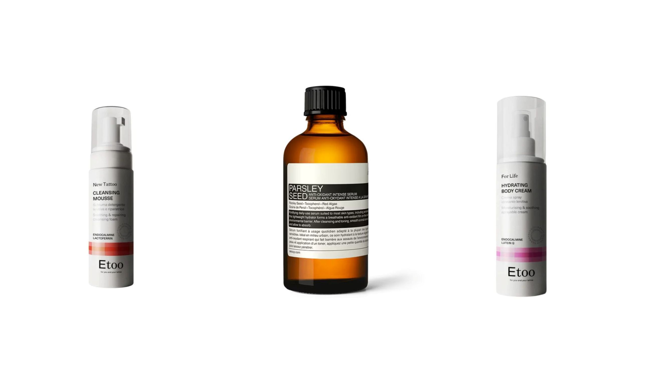 Etoo Cleansing Mousse; Parsley Seed Anti-Oxidant Serum – Aesop; Etoo Hydrating Body Cream Spray