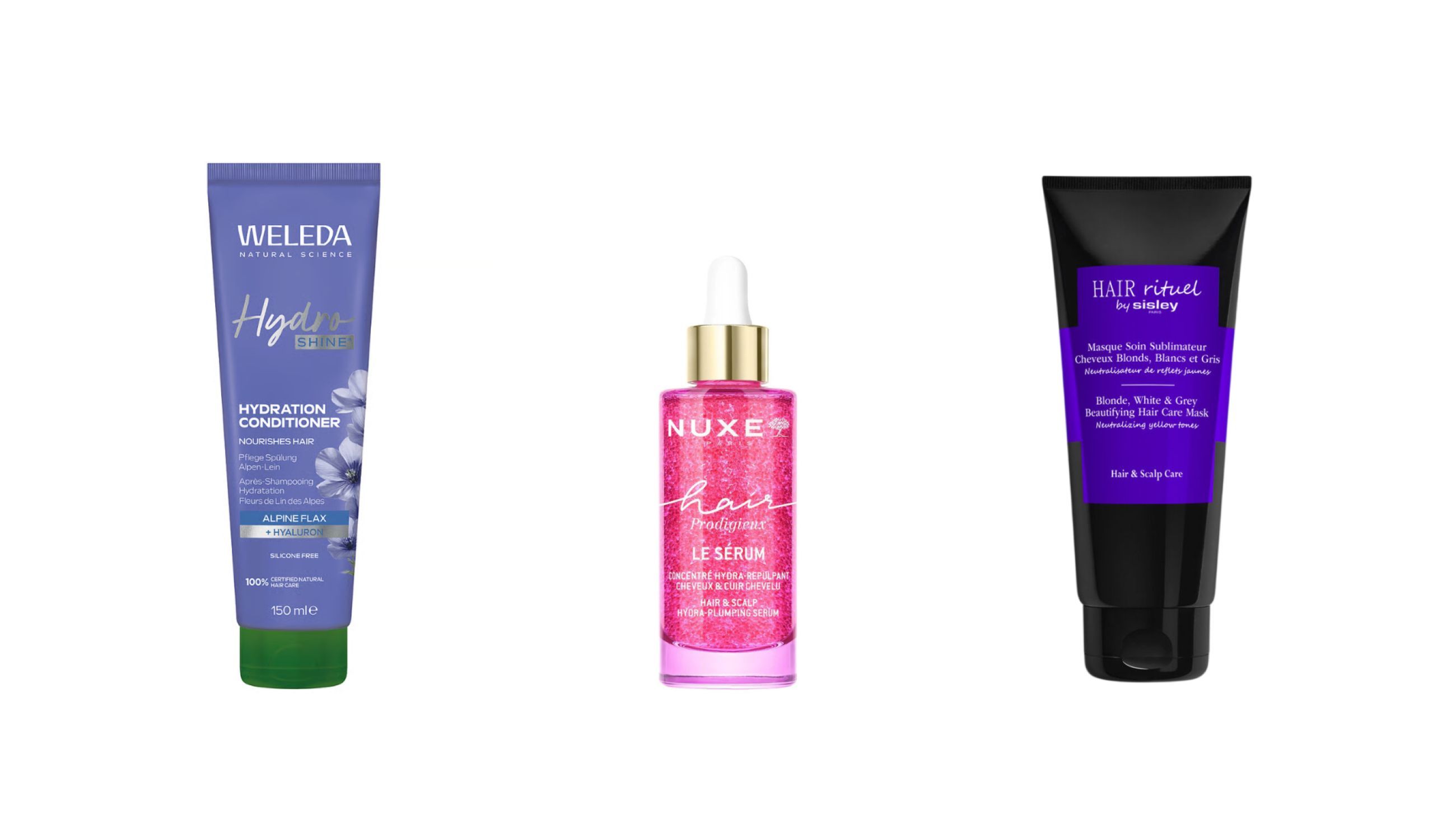Da sinistra: Weleda Balsamo Idratante Hydro Shine; NUXE Hair Prodigieux Siero Idratante Volumizzante Capelli e Cuoio Capelluto; Hair Rituel by Sisley Masque Soin Sublimateur Cheveux Blonds, Blancs et Gris - Courtesy Press Office 