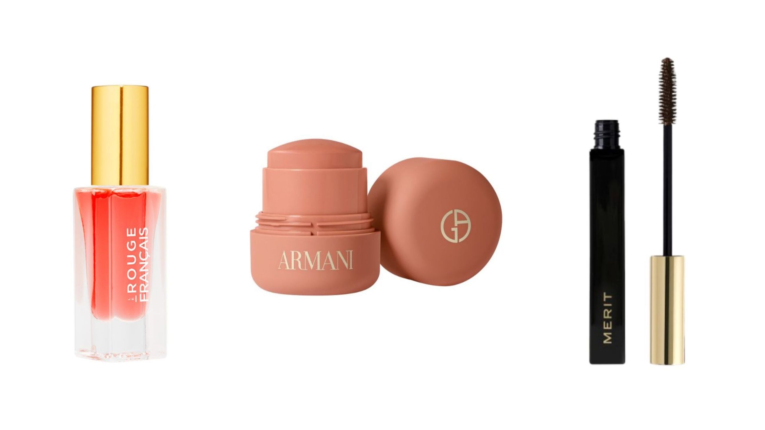 Le Rouge Français, Balsamo Labbra; Armani, Dolci Makeup Blush; Merit Beauty, Clean Lash Mascara - Credits: Courtesy Press Office