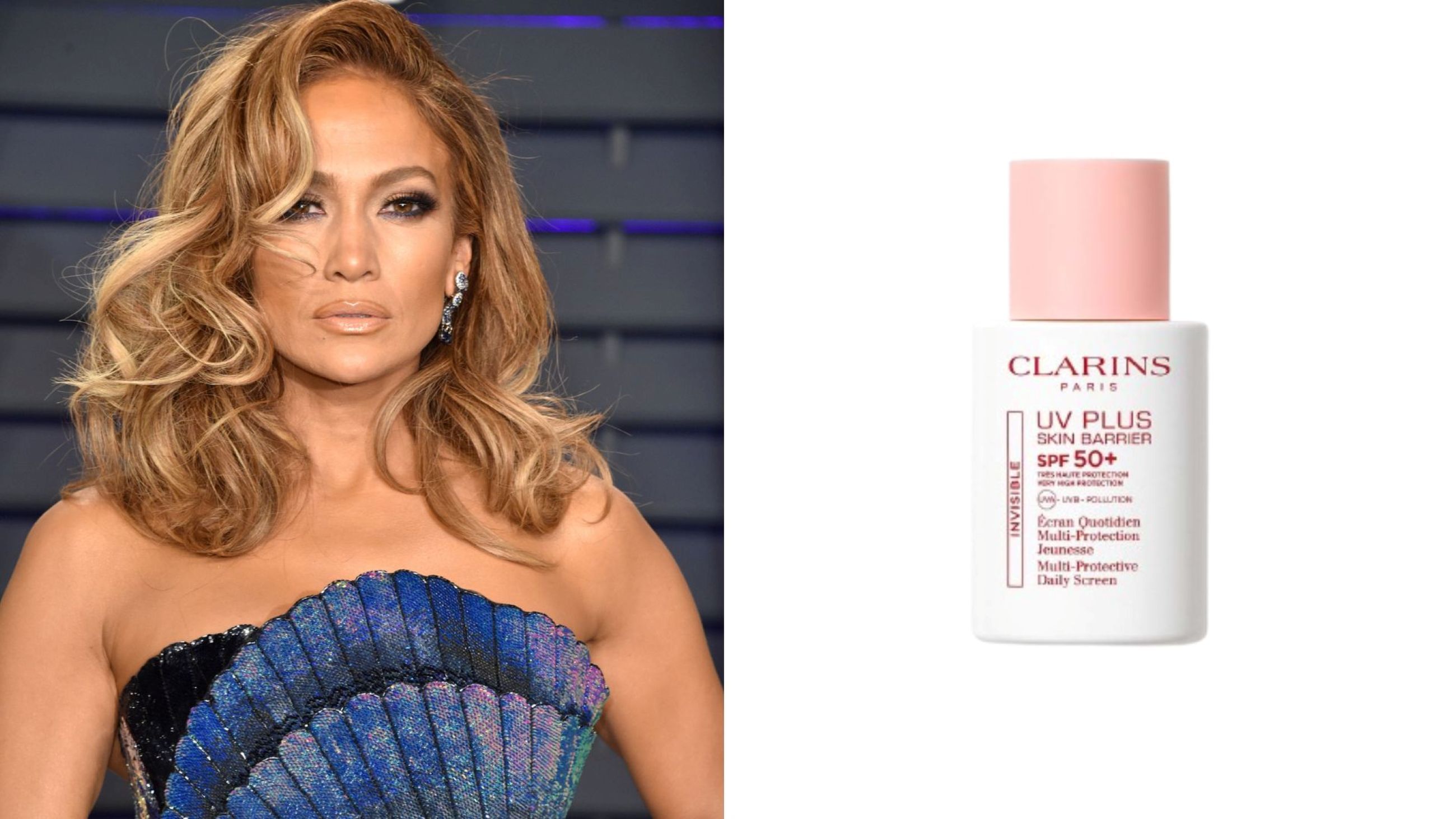 Jennifer Lopez; Clarins, UV Plus Skin Barrier SPF50+ - Credits: Getty Images; Courtesy Press Office