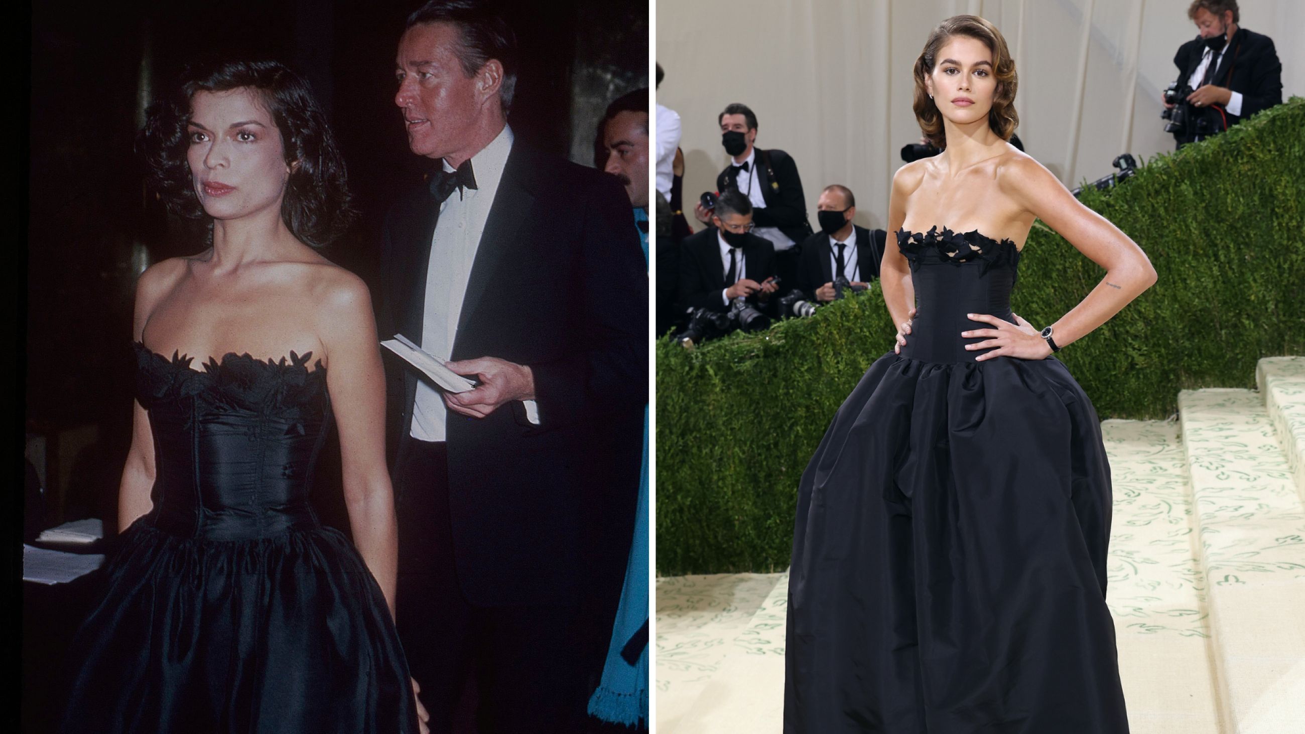Da sinistra: Bianca Jagger (Met Gala 1981); Kaia Gerber (Met Gala 2021) - Credits Getty Images
