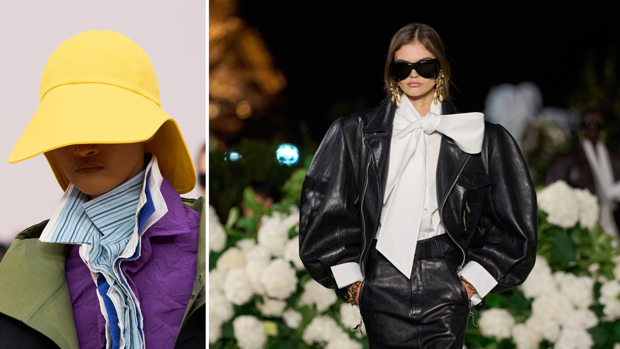 Da sinistra, cappello giallo di Loewe SS26 e  camicia con maxi fiocco di Saint Laurent SS26; Paris Fashion Week - Credits: Launchmetrics.com/Spotlight