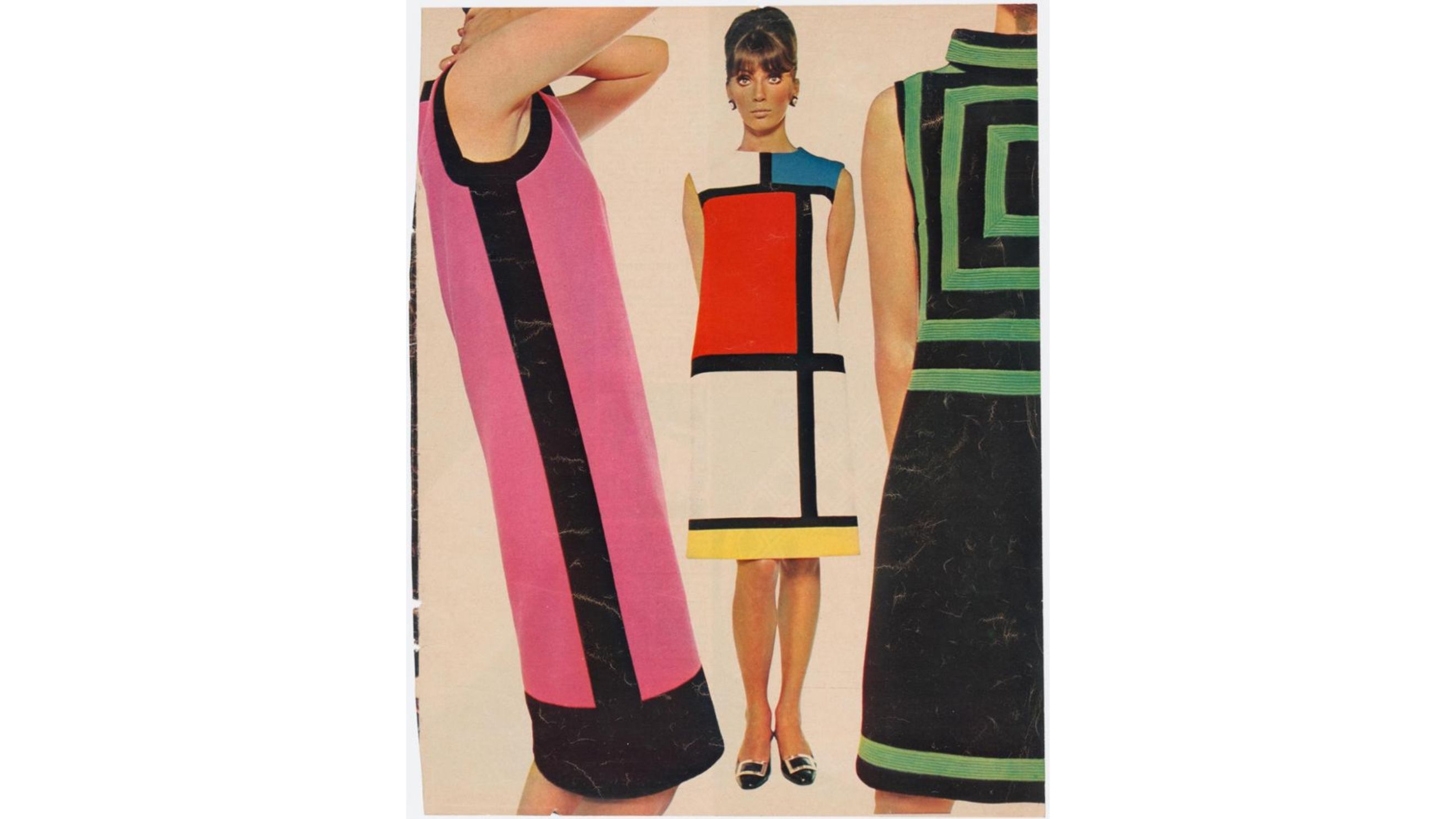 ELLE, September 1965. Cocktail dresses from the Fall-Winter 1965 haute couture collection, also known as the “Tribute to Piet Mondrian.” 
Courtesy of Yves Saint Laurent / Jeanne Lanvin-Castillo / Peter Knapp