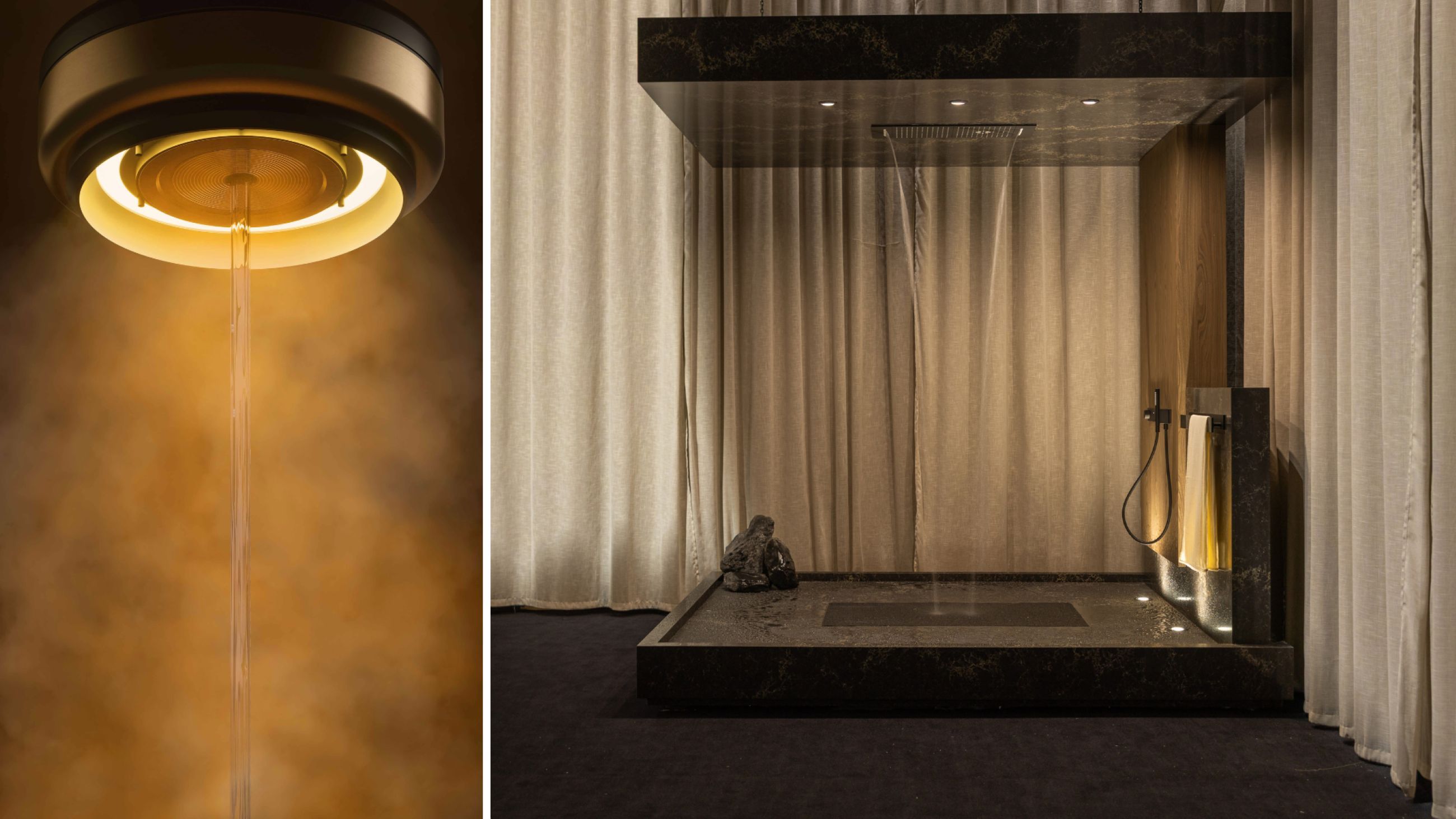A sinistra: Rituale del Vapore di Gessi. Courtesy Gessi; a destra: Aqua Sanctuary, Grohe, design Paul Flowers - Courtesy Grohe