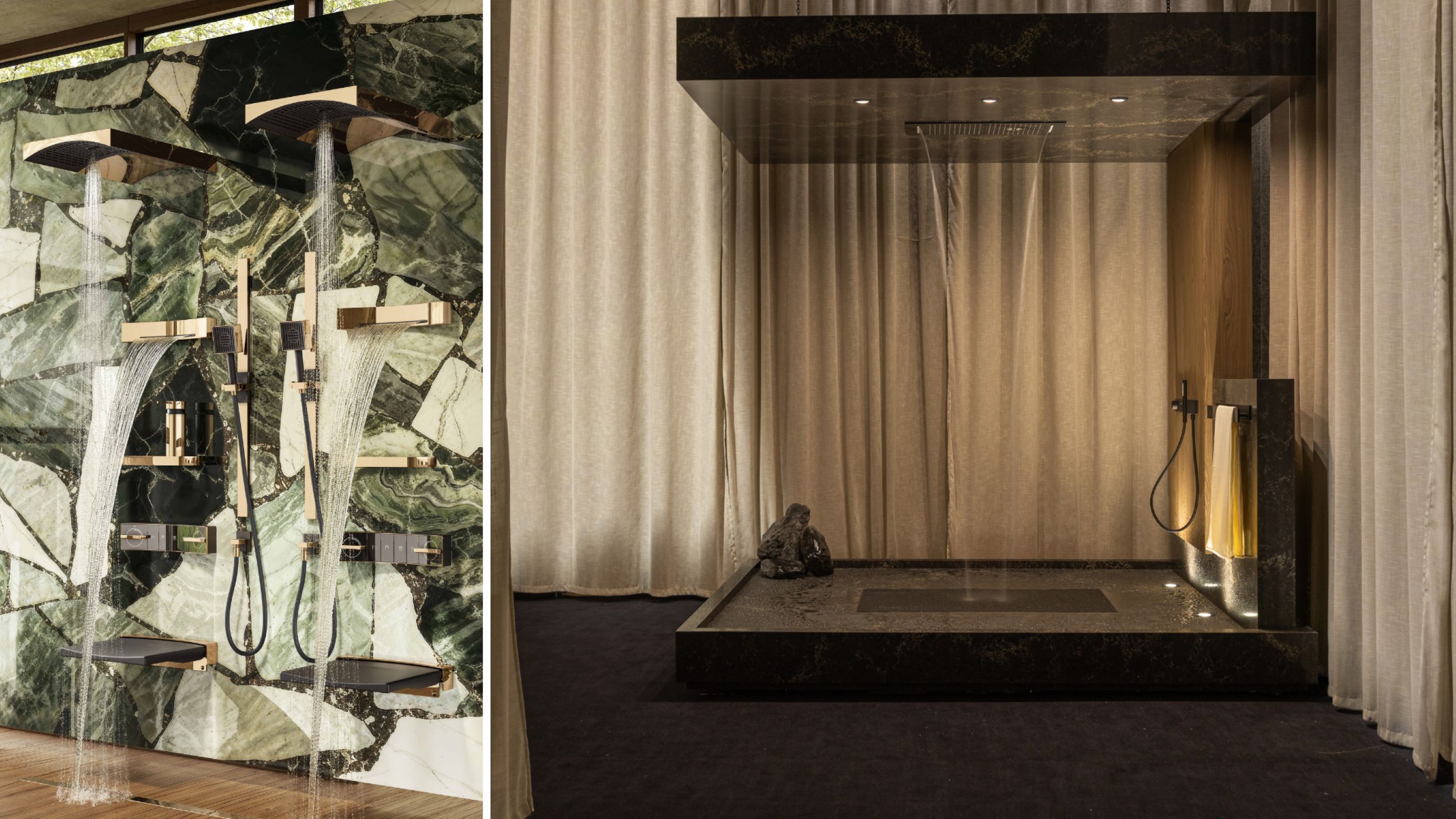 A sinistra: Haute Culture Longevity Ritual, Gessi. Courtesy Gessi; a destra: Aqua Sanctuary, Grohe, design Paul Flowers - Courtesy Grohe 