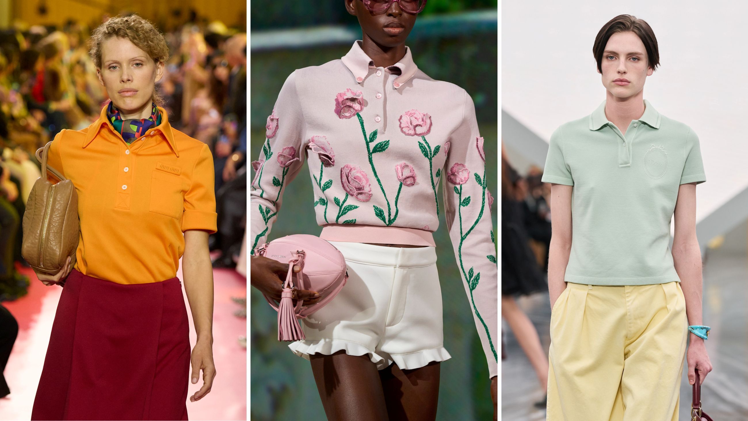 Le maglie polo sono il must have indiscusso di stagione. Dalle collezioni PE26: da sinistra, outfit Miu Miu; Kent&Curwen - Credits: Launchmetrics.com/Spotlight