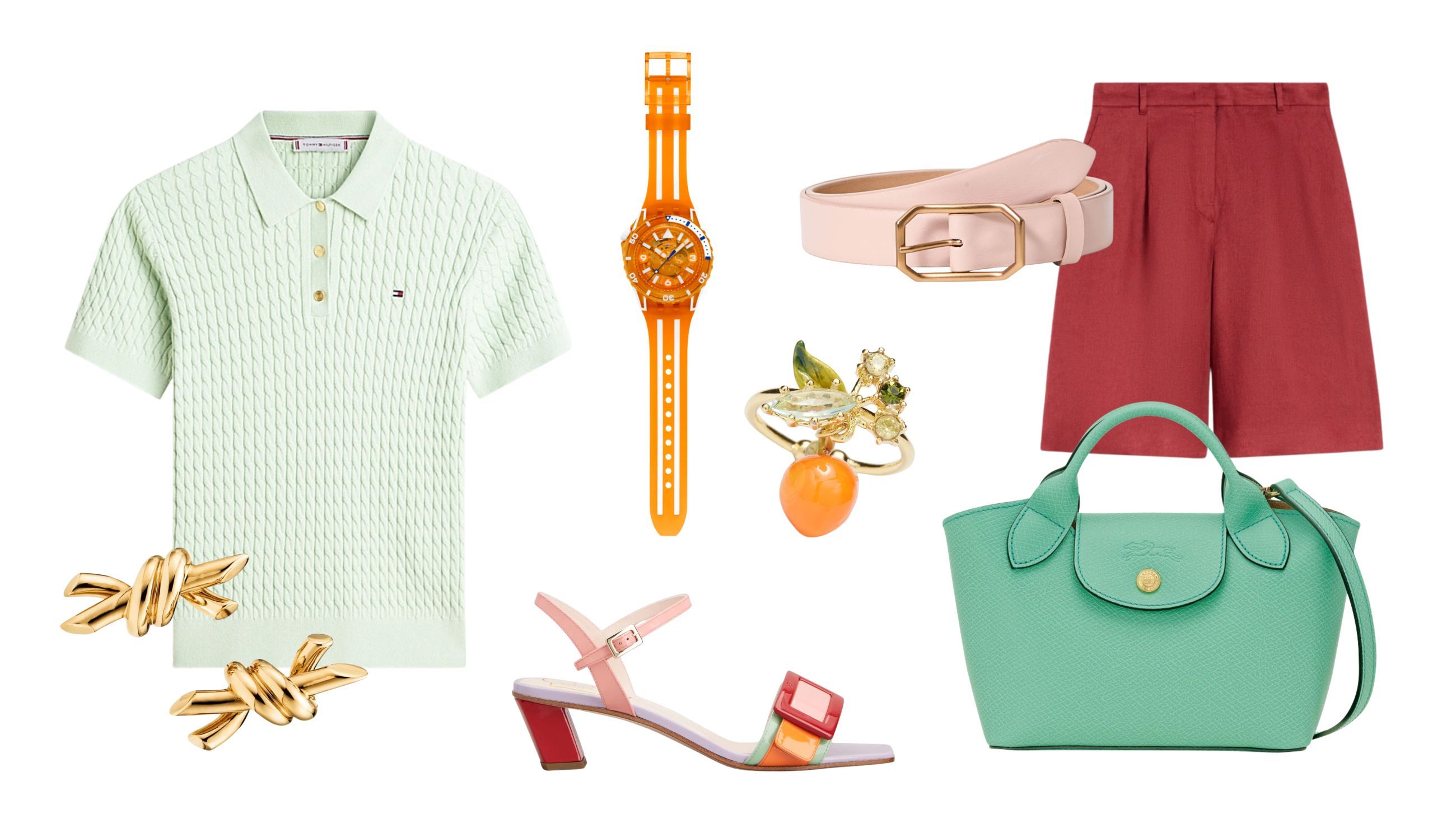 Polo, Tommy Hilfiger; bermuda, Max Mara; cintura, Retpile’s House; sandali, Roger Vivier; borsa, Longchamp; orecchini, Tiffany&Co.; orologio, Swatch; anello, Les Néréides