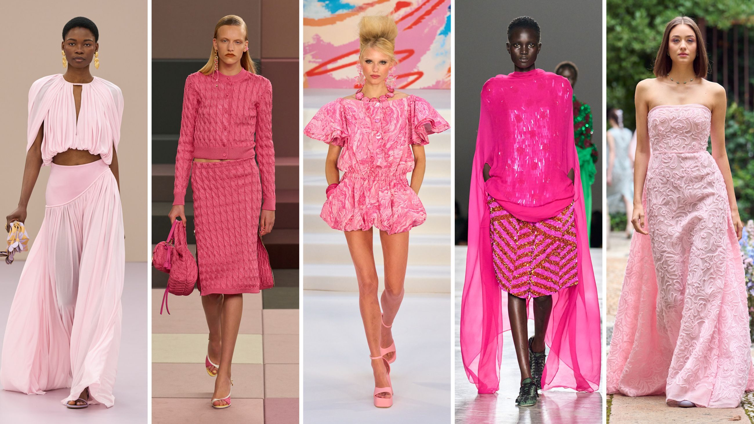 Da sinistra, mises dalle sfilate PE26 di Giambattista Valli, Fendi, Paul Costelloe, Dries Van Noten e Luisa Beccaria - Credits: Launchmetrics.com/Spotlight