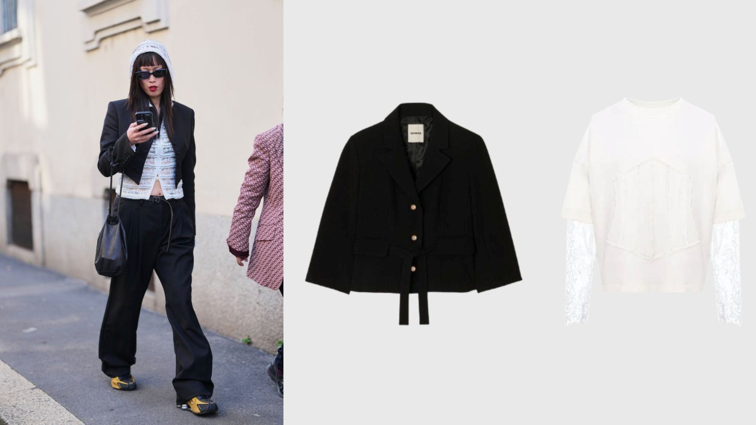 Street Style; giacca corta nera Sandro con hoodie bianca in pizzo HAMZA Bia V2 - Credits: Getty Images; Courtesy Press Office