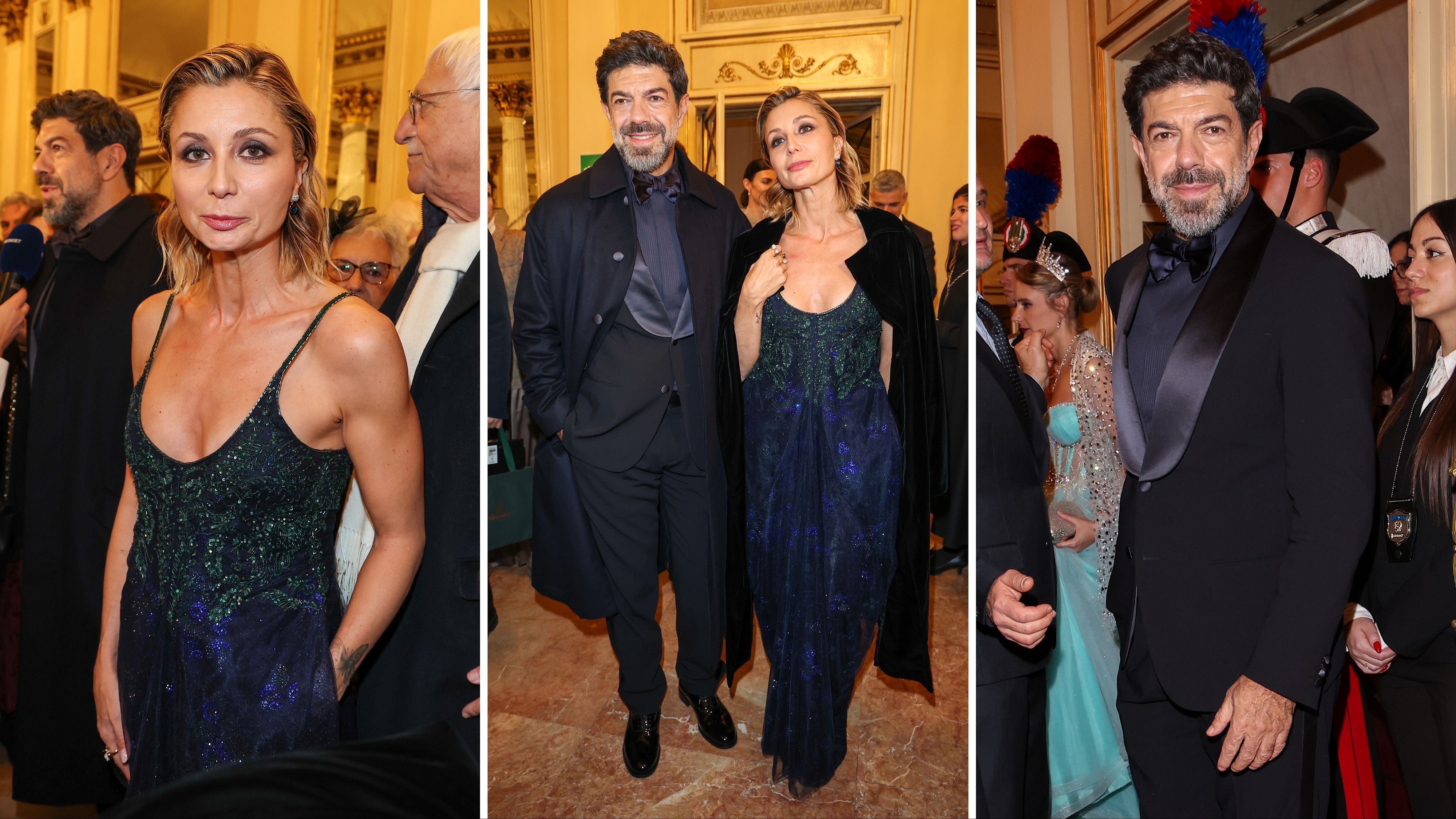 L’attore Pierfrancesco Favino e l’attrice Anna Ferzetti, sua moglie, sorridono in attesa di assistere alla Prima della Scala in mises firmate Armani; Teatro Alla Scala, 7 dicembre 2025, Milano - Credits: Getty