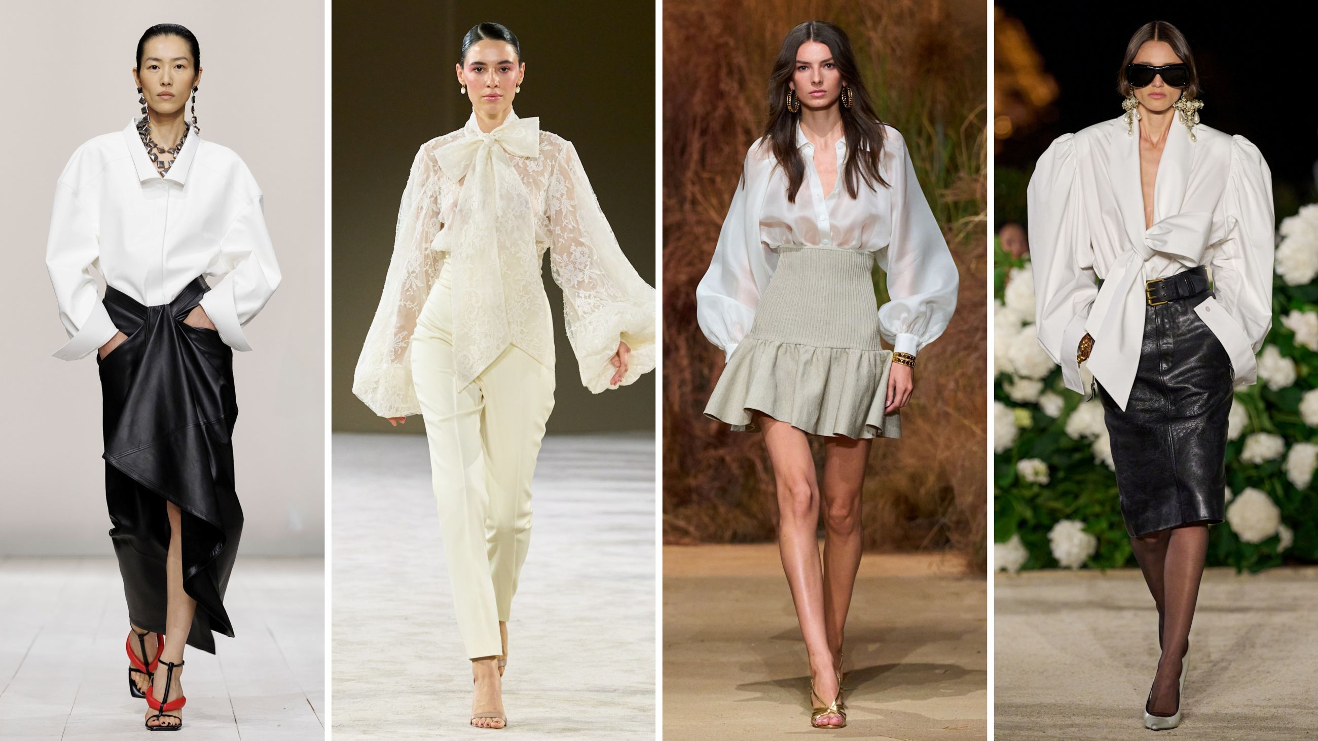 La camicia in stile corsaro conquista le collezioni SS26. Da sinistra: look di Givenchy, Marquise, Laura Biagiotti e Saint Laurent - Credits: Launchmetrics.com/Spotlight