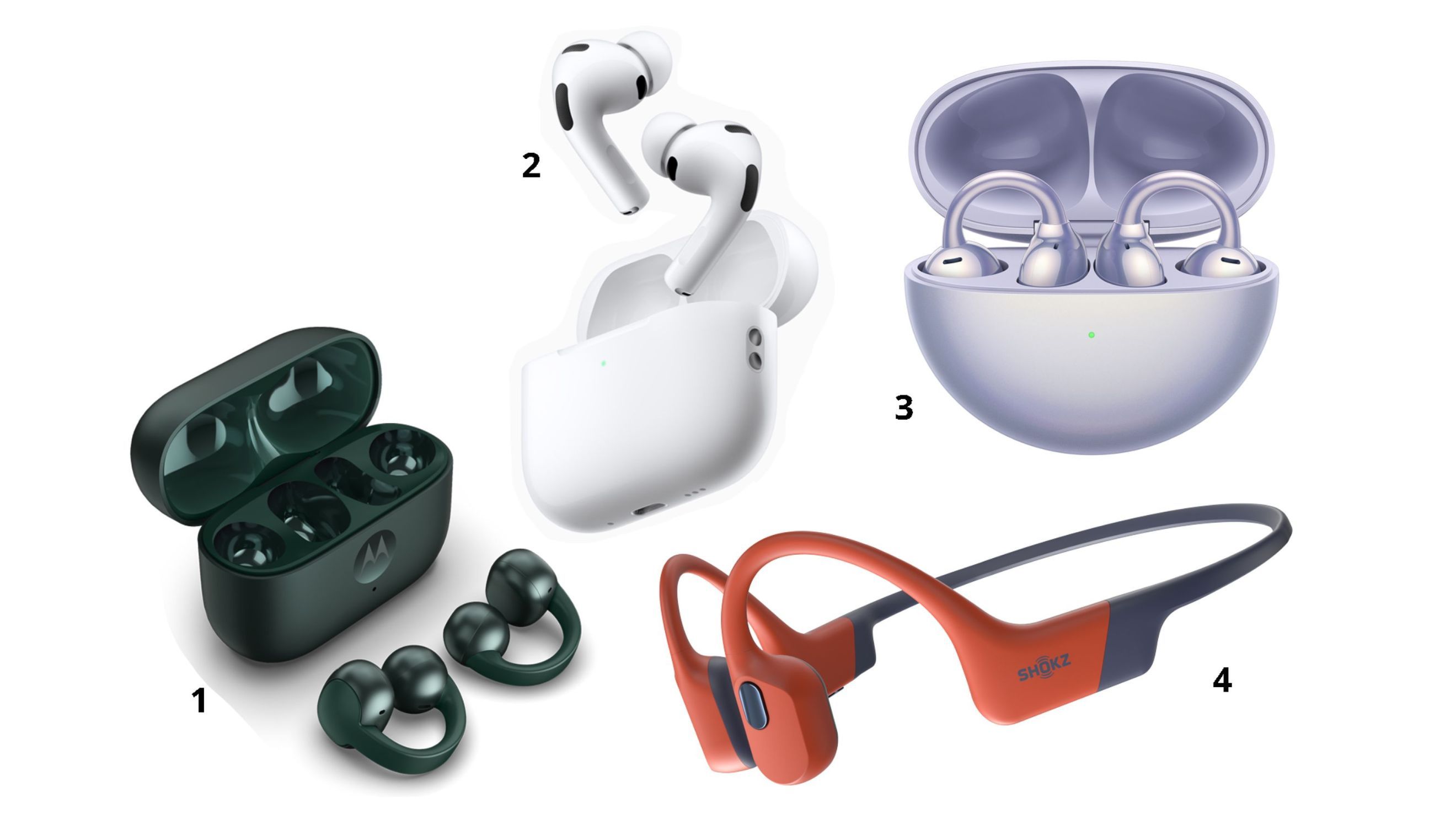 Huawei FreeClip; Motorola Buds Loop; Shokz OpenSwim Pro; Apple AirPods Pro 3