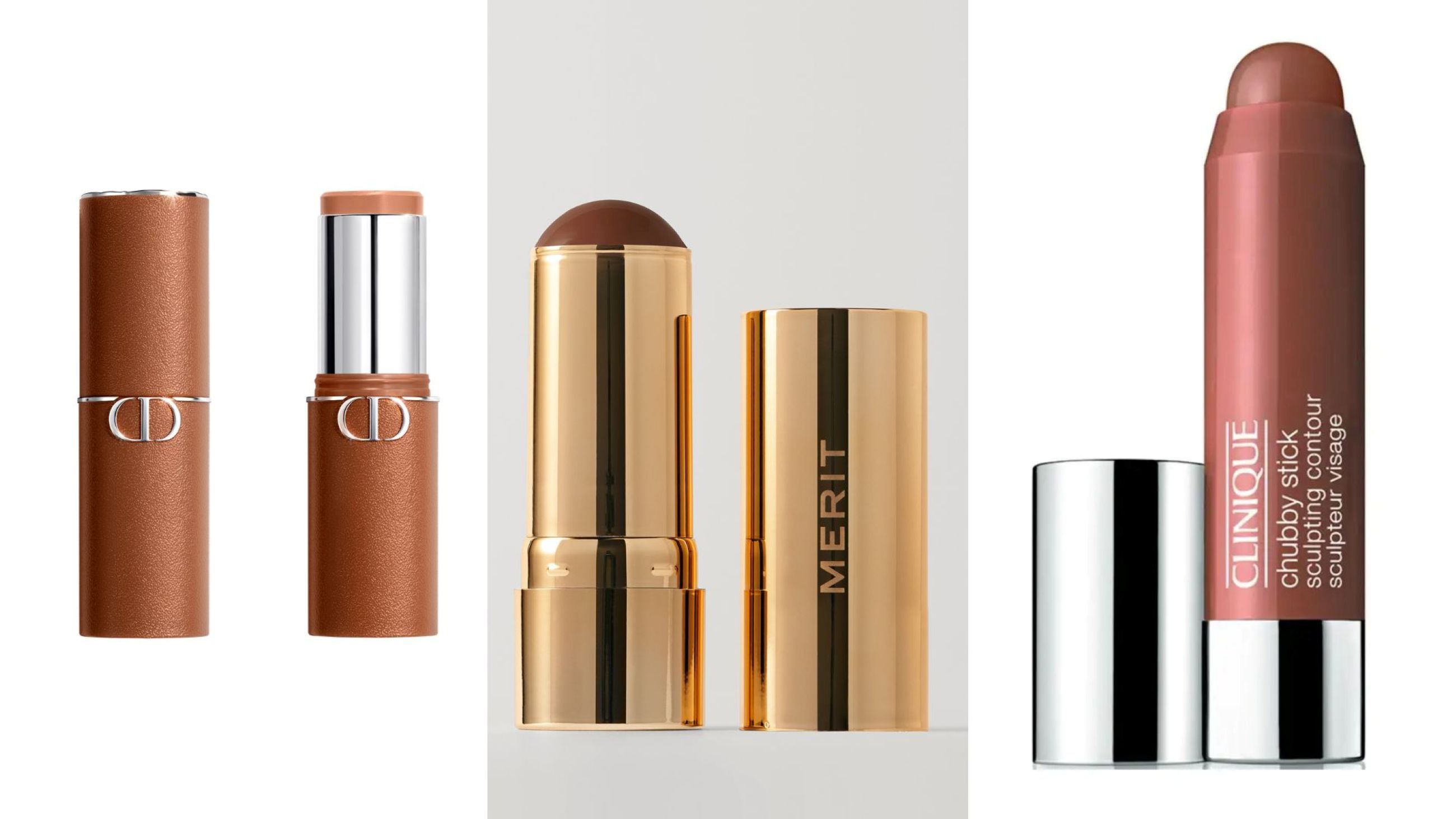 Dior, Dior Forever Skin Bronze; Merit Beauty, Bronze Balm; Clinique, Chubby Stick Sculpting Contour Stick - Credits: Courtesy Press Office