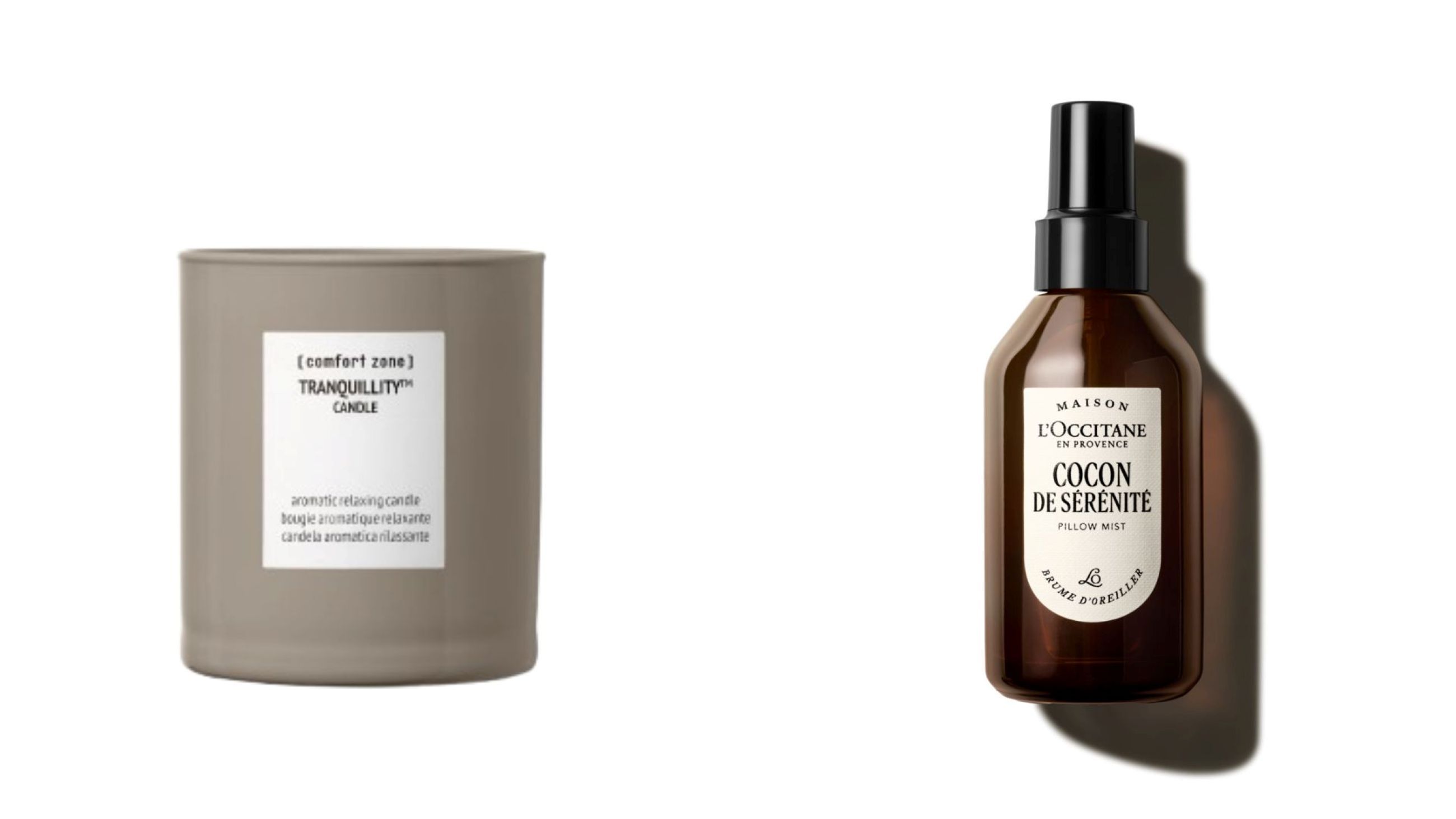 Comfort Zone, Tranquillity Candle; L'Occitane, Pillow Mist Cocon de Serenity - Credits: Courtesy Press Office 