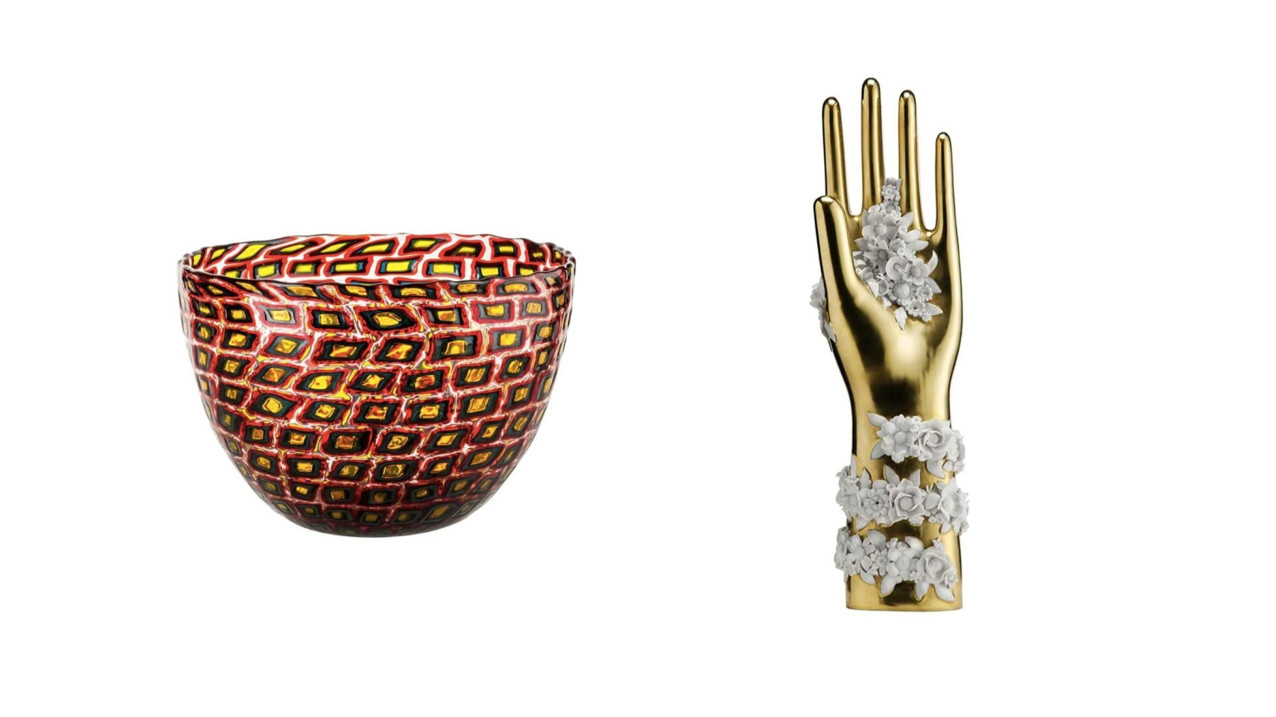 Murrine Romane di Carlo Scarpa, Venini. Courtesy Venini; Mano Fiorata di Gio Ponti, Ginori 1735 - Courtesy Ginori 1735 