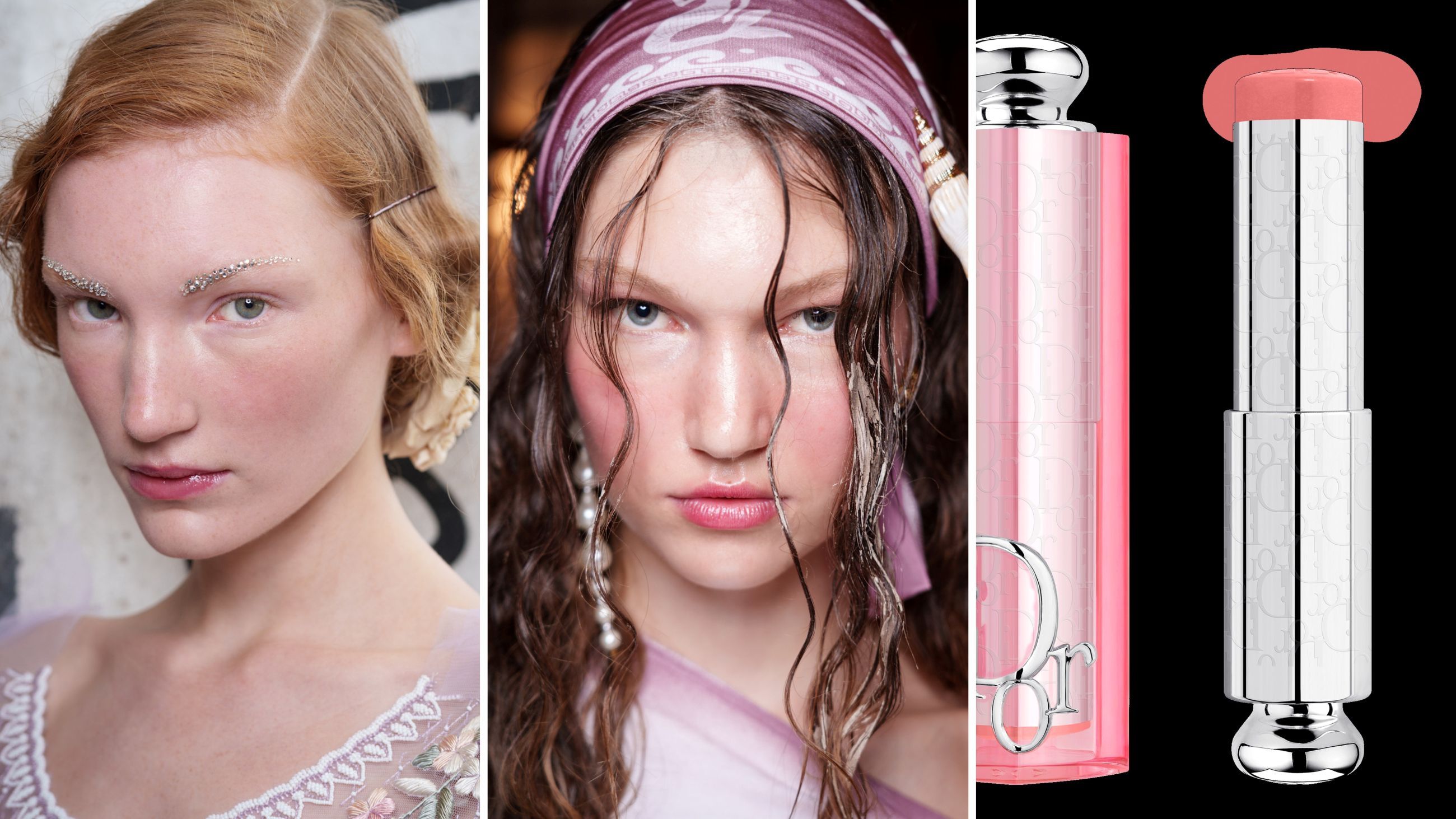 Da sinistra, trucco dalla sfilata di Antonio Marras SS26; beauty look dalla sfilata di Di Petsa SS26 - Credits: Launchmetrics.com/Spotlight; Dior, Dior Backstage Rosy Glow Stick - Credits: Ufficio Stampa