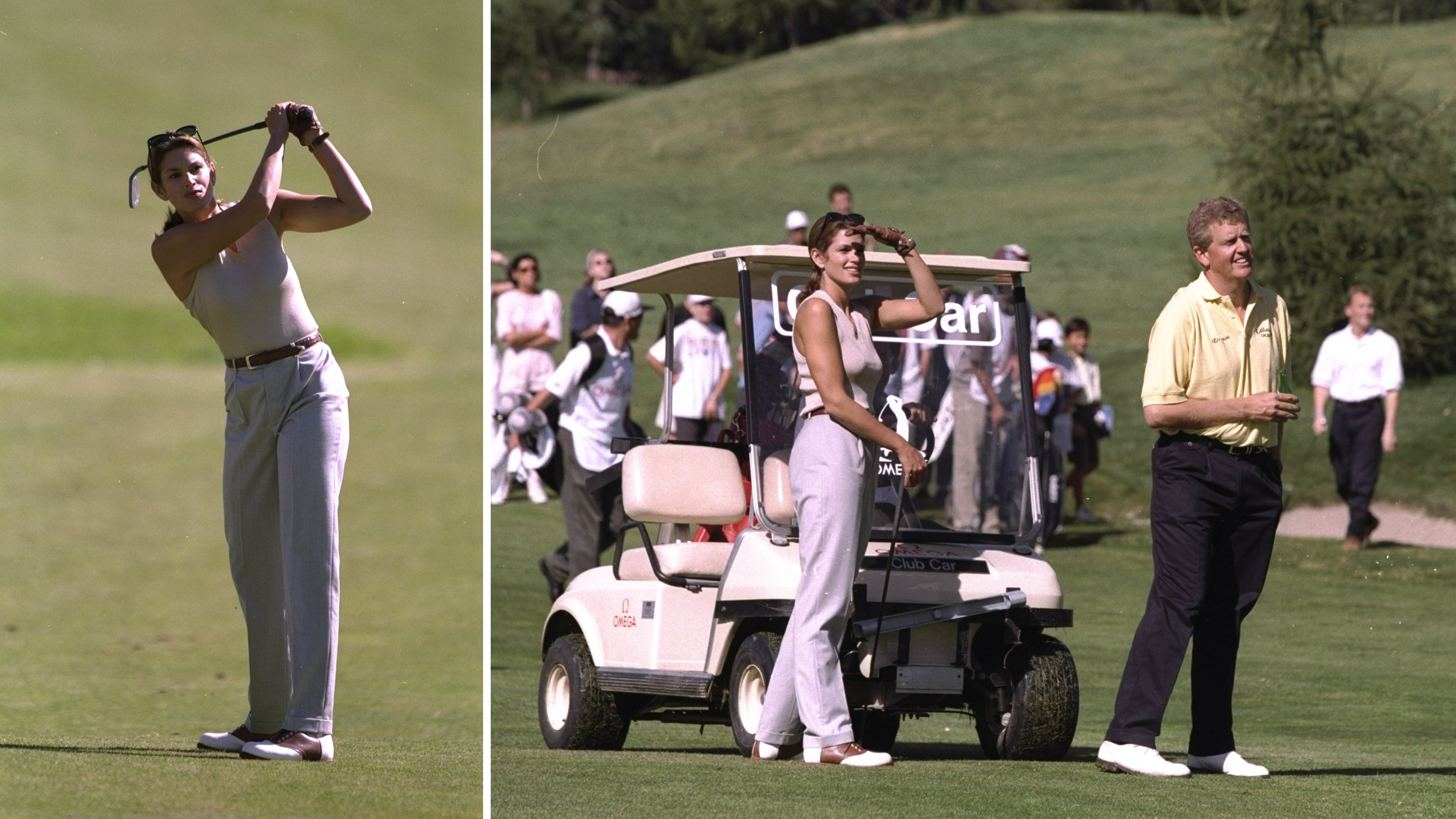 La top model Cindy Crawford gareggia al Canon European Masters al Crans Sur Sierre Golf Club in Svizzera, nel 1997
Credits: Getty Images