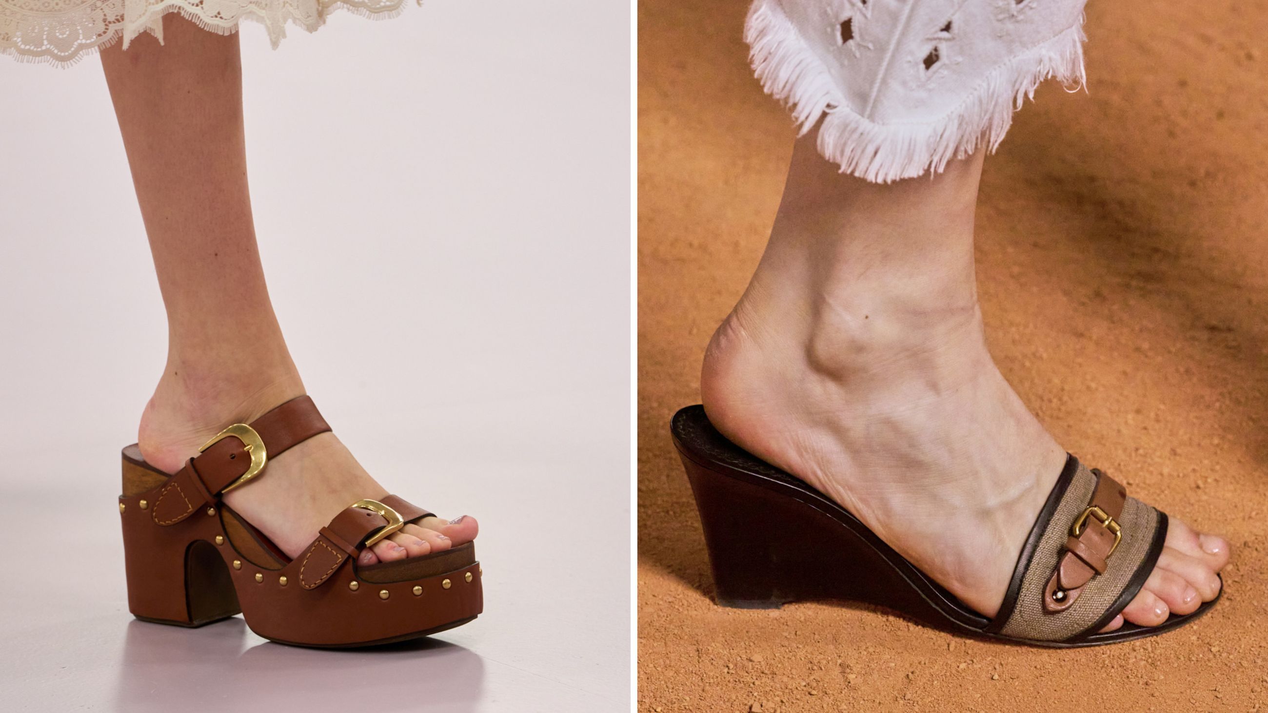 Dalle sfilate PE26: da sinistra zoccoli Zimmermann; Isabel Marant - Credits: Launchmetrics.com/Spotlight