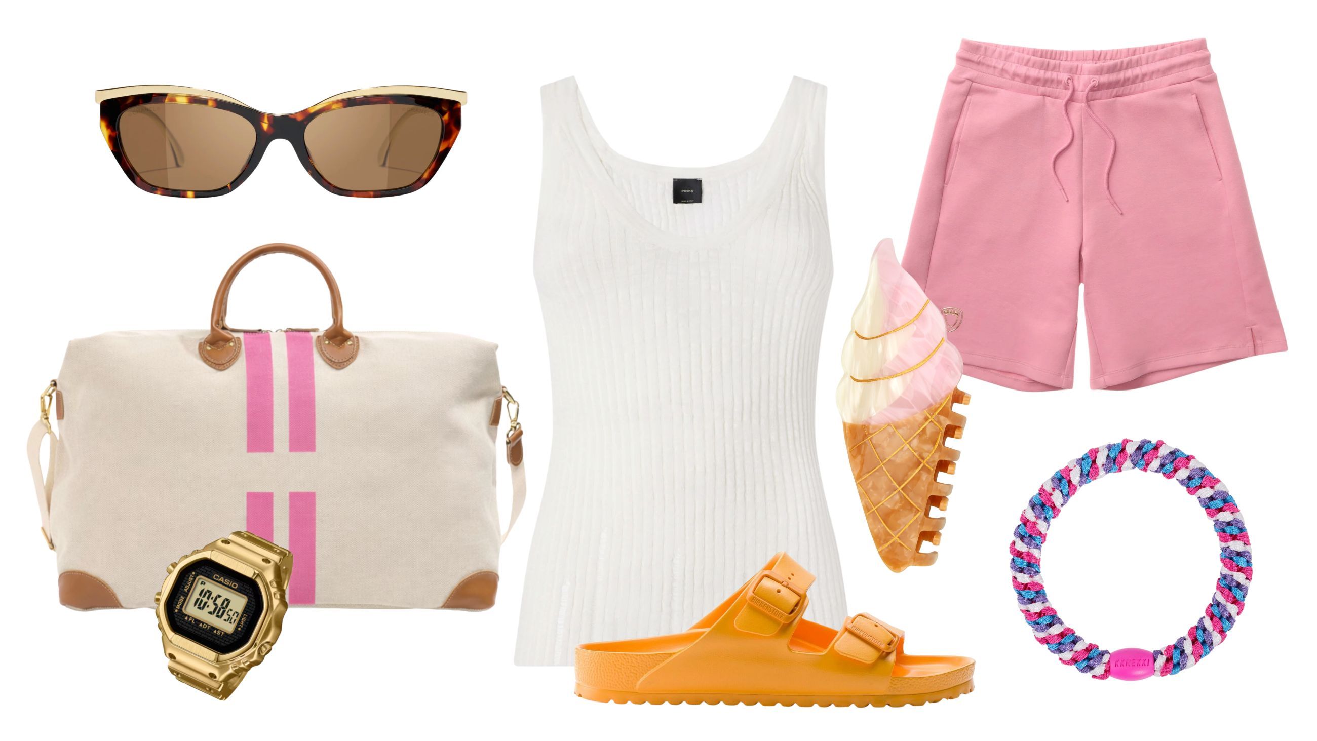 Canottiera, Pinko; bermuda, Blauer; pinza per capelli, Coucou Suzette; elastico per capelli, Kknekki; anello/orologio, Casio; occhiali da sole, Chanel; sandali, Birkenstock; borsone, My Style Bag Milano