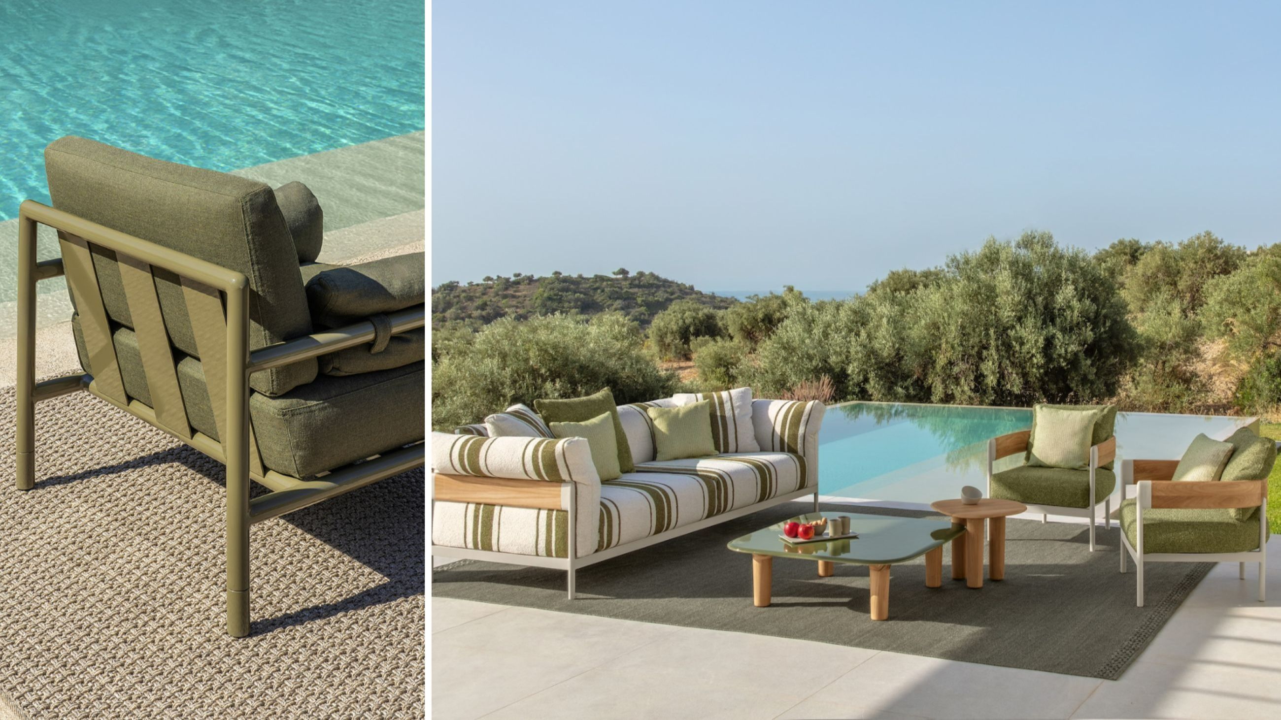 A sinistra: Lodge di Christophe Pillet per Ethimo – Courtesy Ethimo; A destra: Flow di Ludovica Serafini + Roberto Palomba per Talenti – Courtesy Talenti 