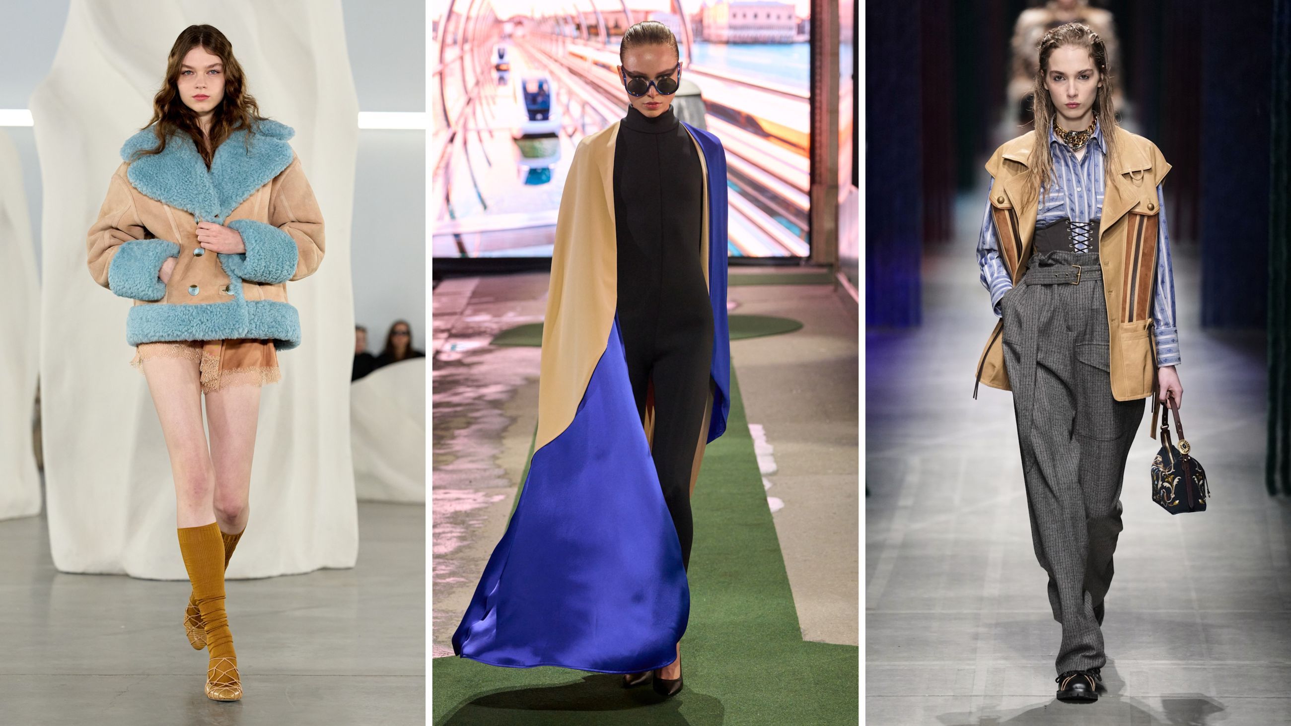 Dalle passerelle FW26: da sinistra Etro; Pierre Cardin; Ulla Johnson - Credits: Launchmetrics.com/Spotlight