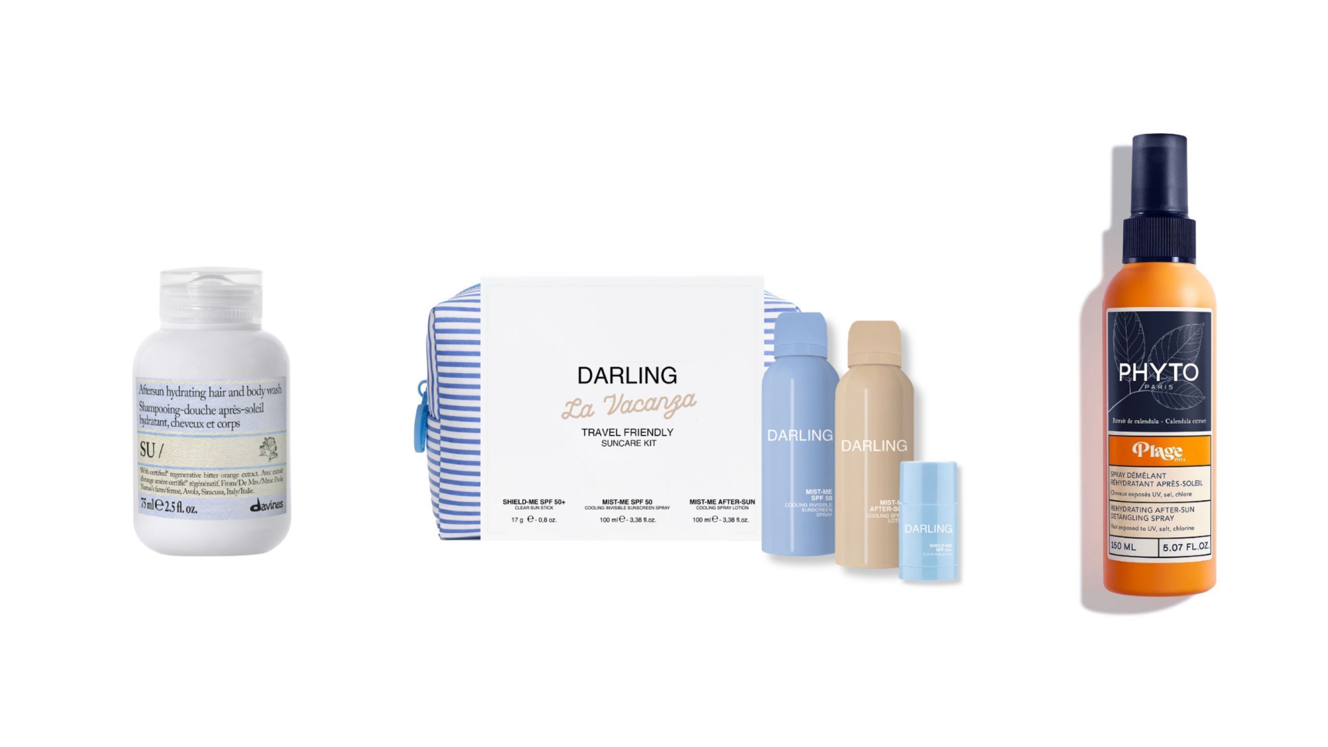 Da sinistra: Davines, SU Hair & Body Wash; Darling, La Vacanza Travel Friendly Suncare Kit; Phyto, Plage Rehydrating After Sun Detangling Spray - Courtesy Press Office