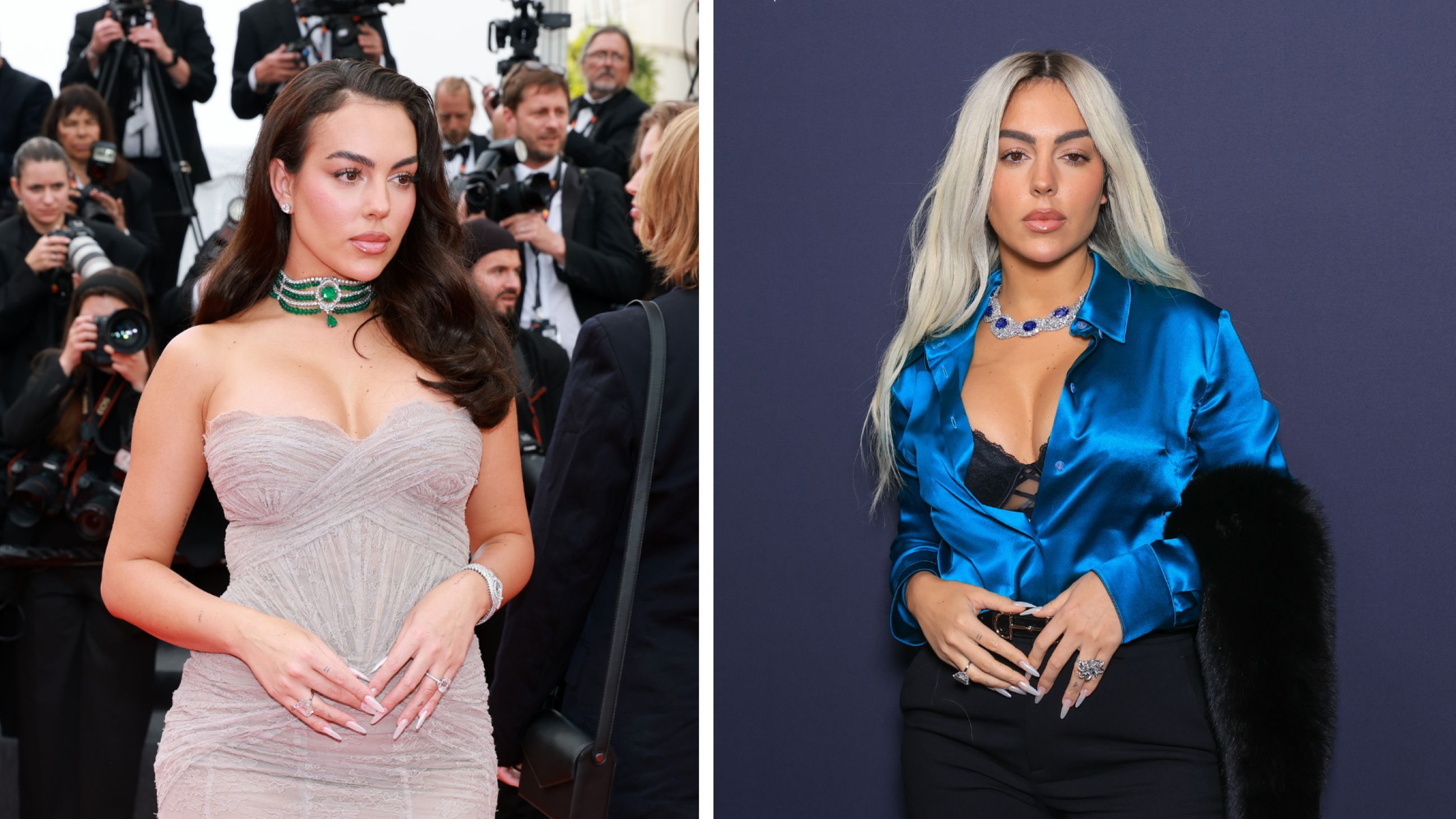 Da sinistra: Georgina Rodriguez durante il 79° Festival del Cinema di Cannes, 2026; Georgina Rodriguez partecipa ai Kering Women in Motion Awards 2026 durante il 79° Festival di Cannes - Credits Getty Images