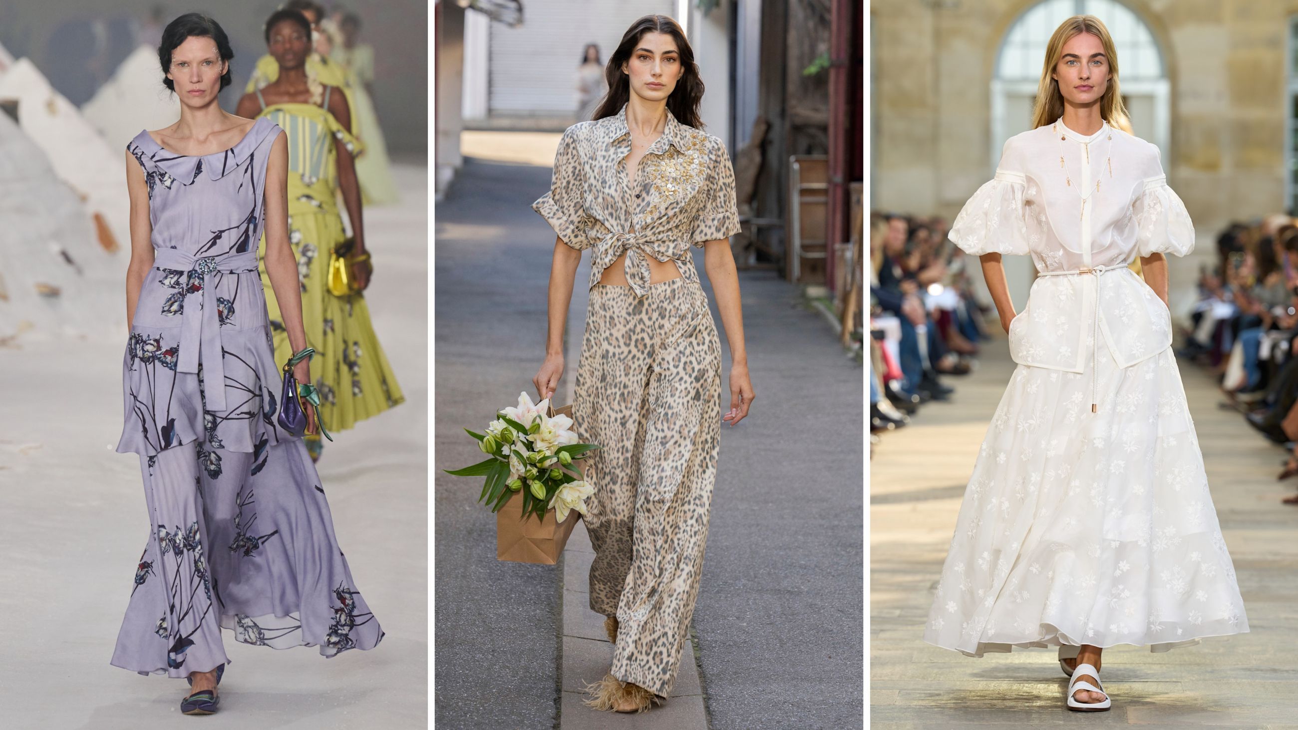 Gli abiti che rievocano l’atmosfera campestre sono un must have nei guardaroba estivi più chic. Dalle passerelle PE26: da sinistra look Ralph Lauren; Ulla Johnson; Ujoh - Credits: Launchmetrics.com/Spotlight