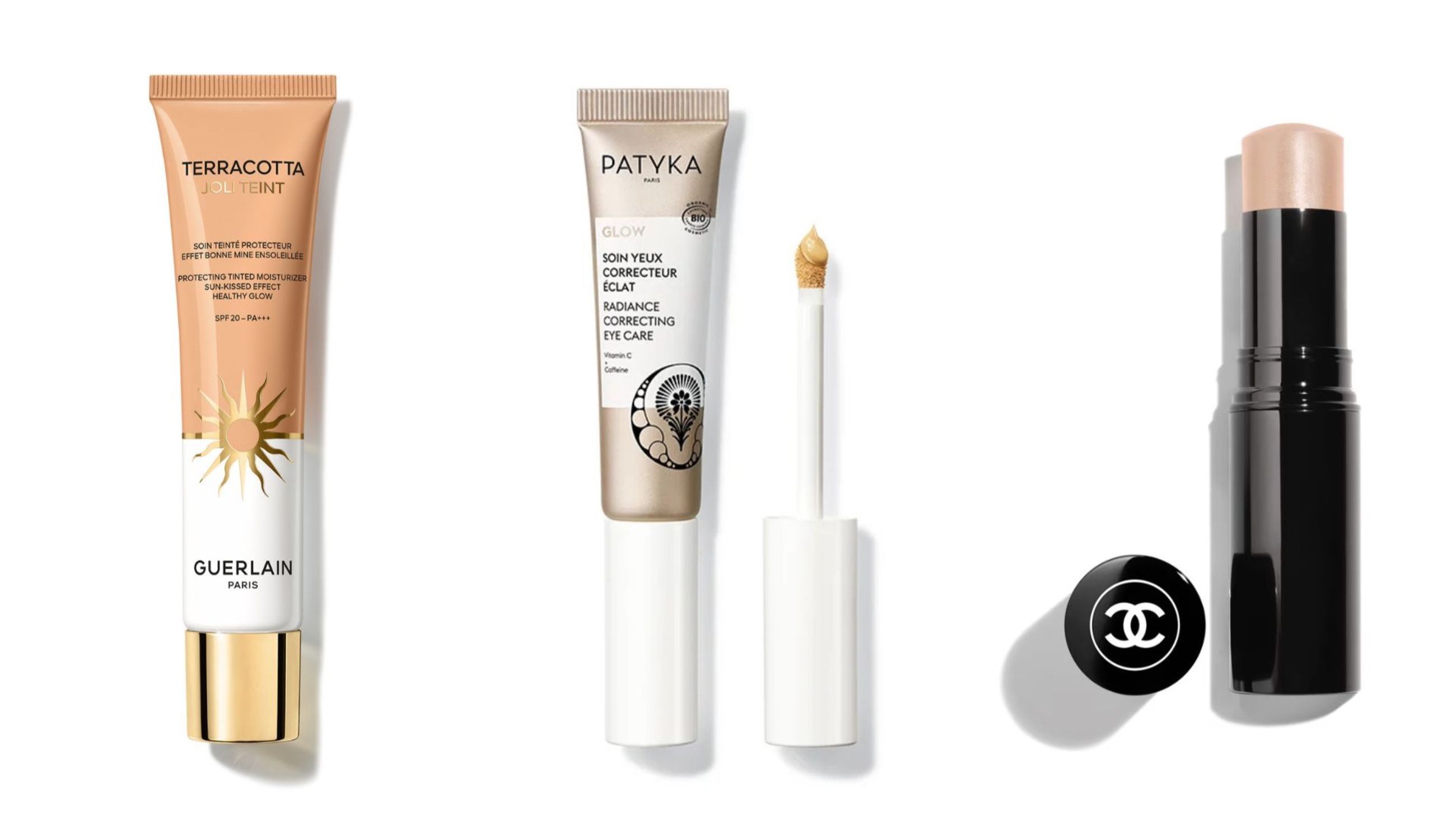 Guerlain, Terracotta Joli Teint; Patyka, Trattamento Occhi Correttore Illuminante; Chanel, Baume Essentiel - Credits: Courtesy Press Office