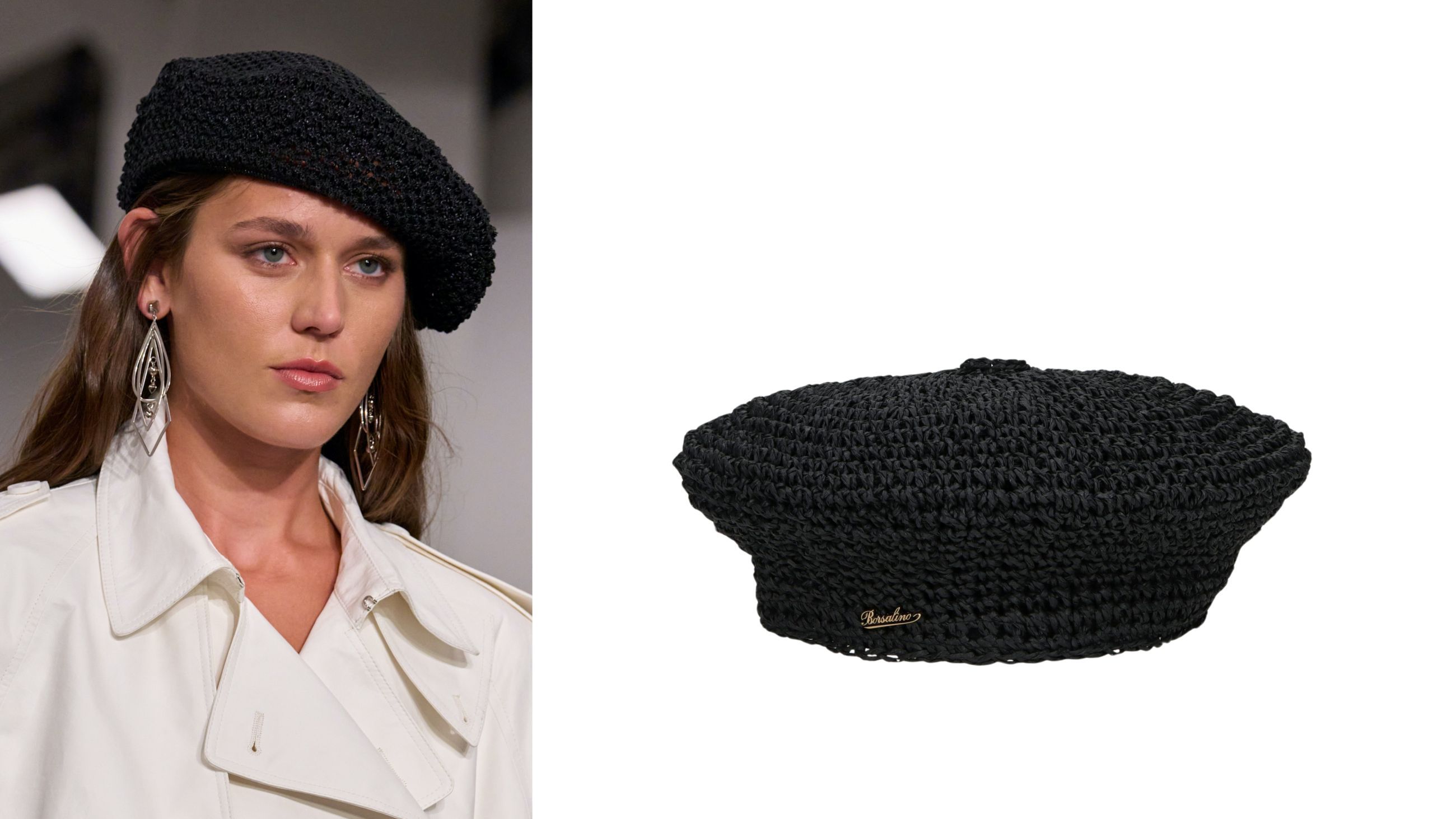Da sinistra: Ralph Lauren, sfilata PE26 - Credits: Launchmetrics.com/Spotlight; basco in papier crochet, Borsalino