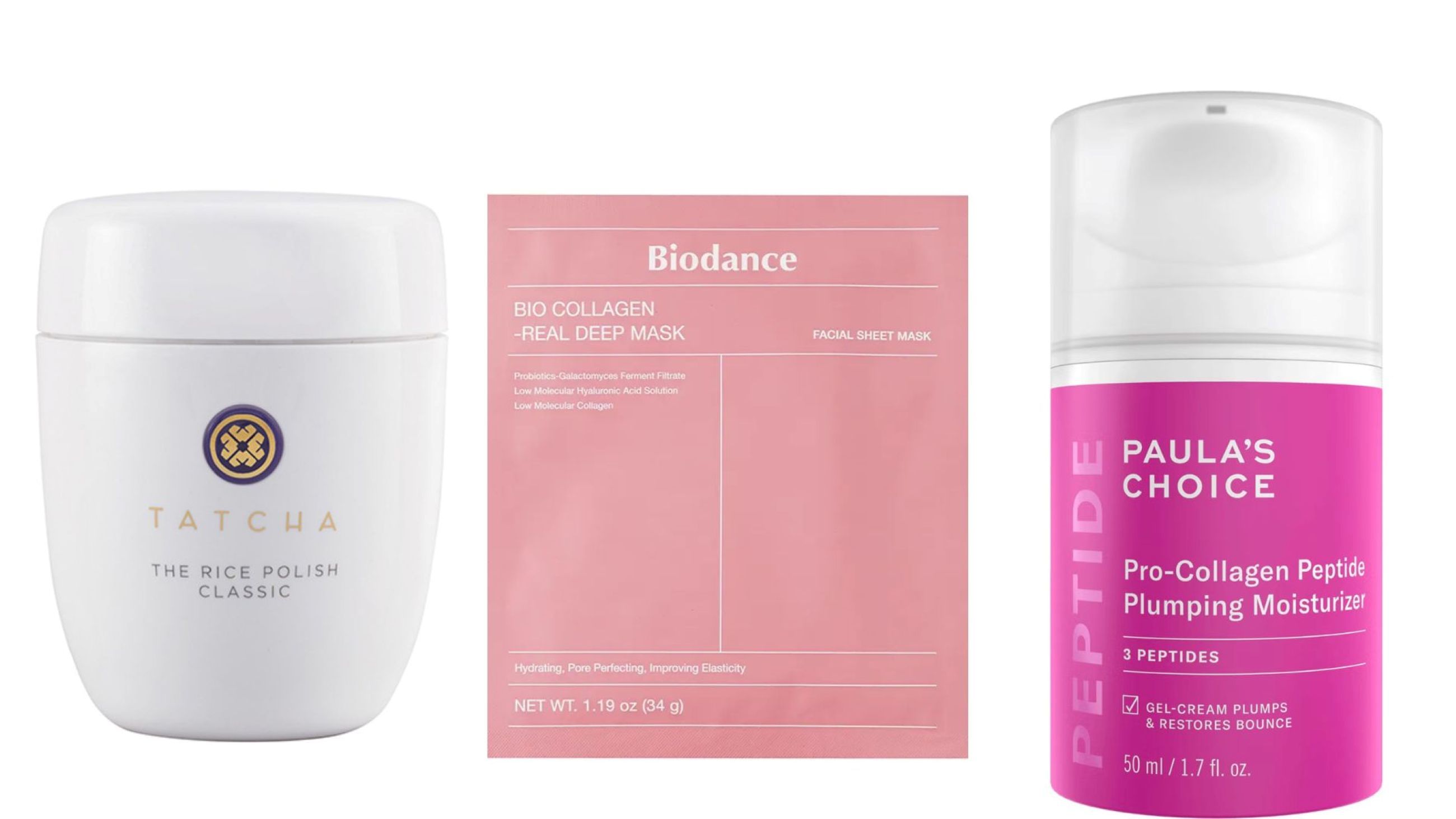 Tatcha, The Rice Polish Classic; Biodance, Bio Collagen Real Deep Mask; Paula's Choice, Pro-Collagen Peptide Plumping Moisturizer - Credits: Courtesy Press Office