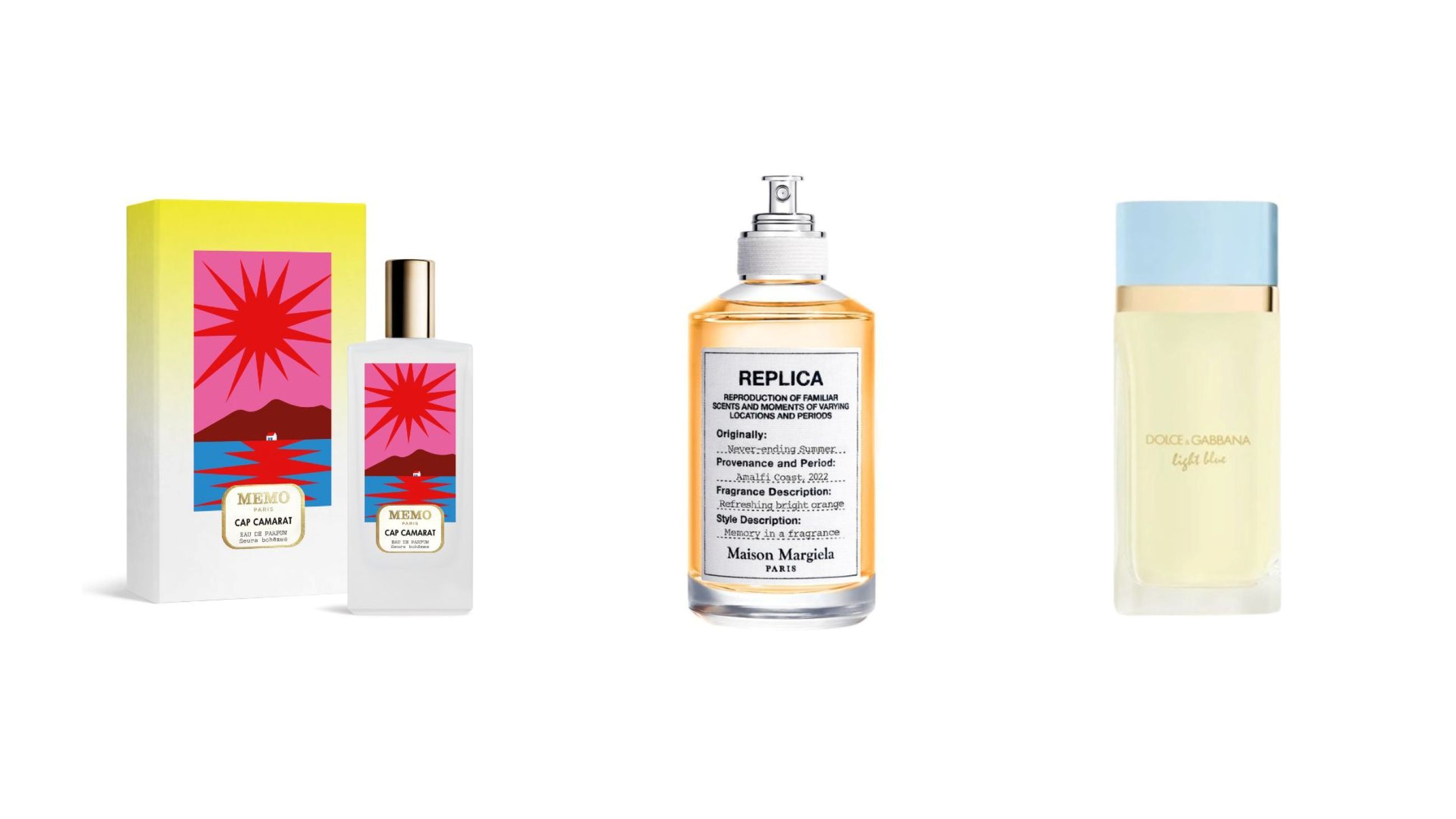Memo Paris, Cap Camarat; Masion Margiela Replica, Nevernding Summer; Dolce & Gabbana, Light Blue Eau de Parfum - Credits: Credits: Courtesy Press Office 