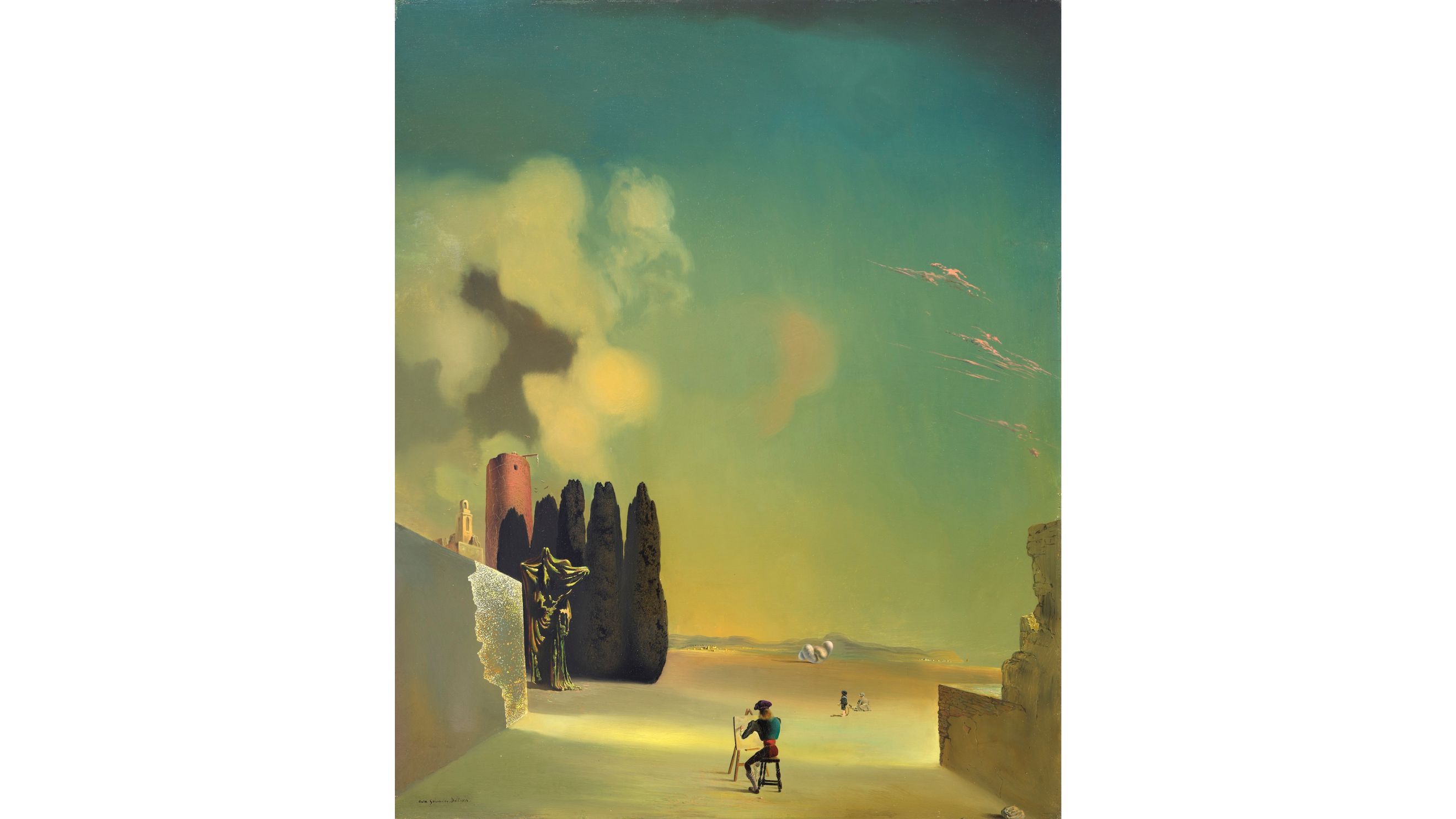Salvador Dalí, Elementi enigmatici in un paesaggio / Elementos enigmáticos en un paisaje, 1934, Olio su tavola, 72.8 x 59.5 cm. Fundació Gala-Salvador Dalí, Figueres © Salvador Dalí, Fundació Gala-Salvador Dalí, Roma, 2025 - Courtesy Press Office