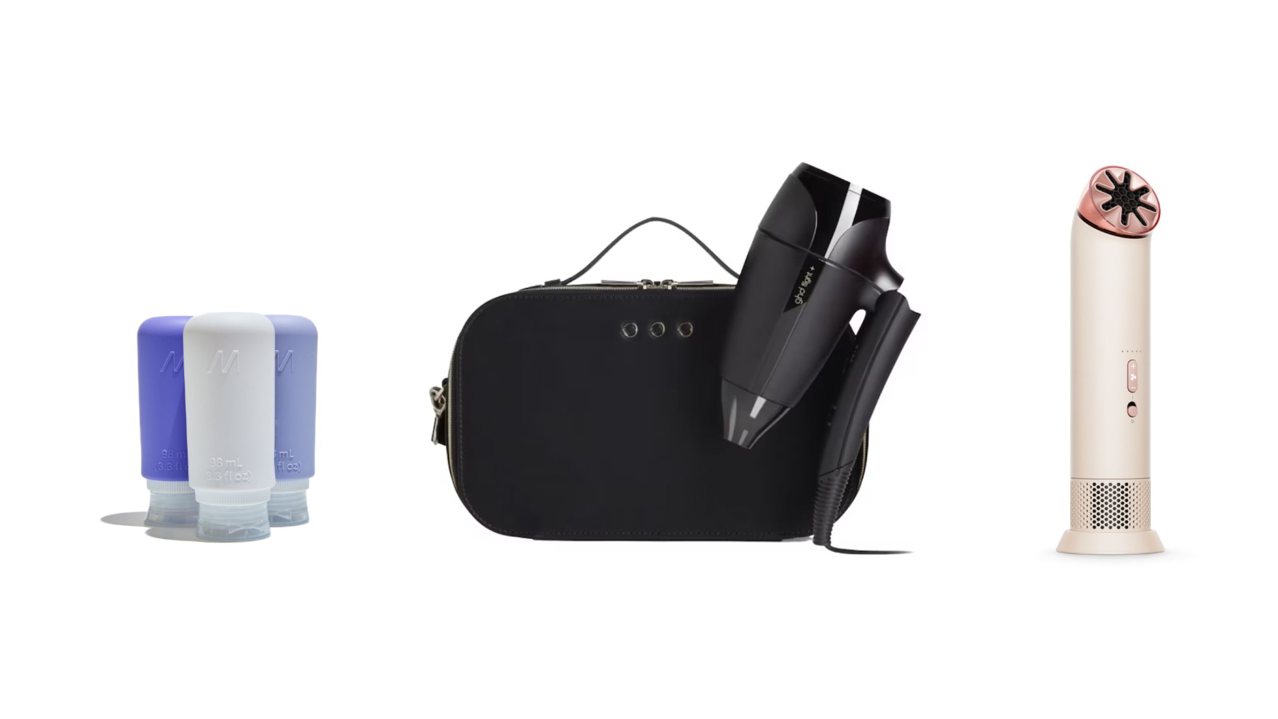 Da sinistra: Muitomas; Ghd flight+; Dyson HushJet Mini Cool - Courtesy Press Office