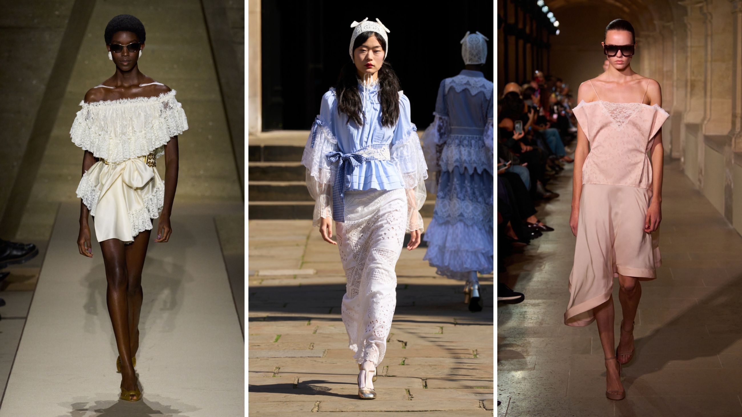 Da sinistra: Chloé; Bora Aksu; Victoria Beckham SS26 - Credits Launchmetrics.com/Spotlight